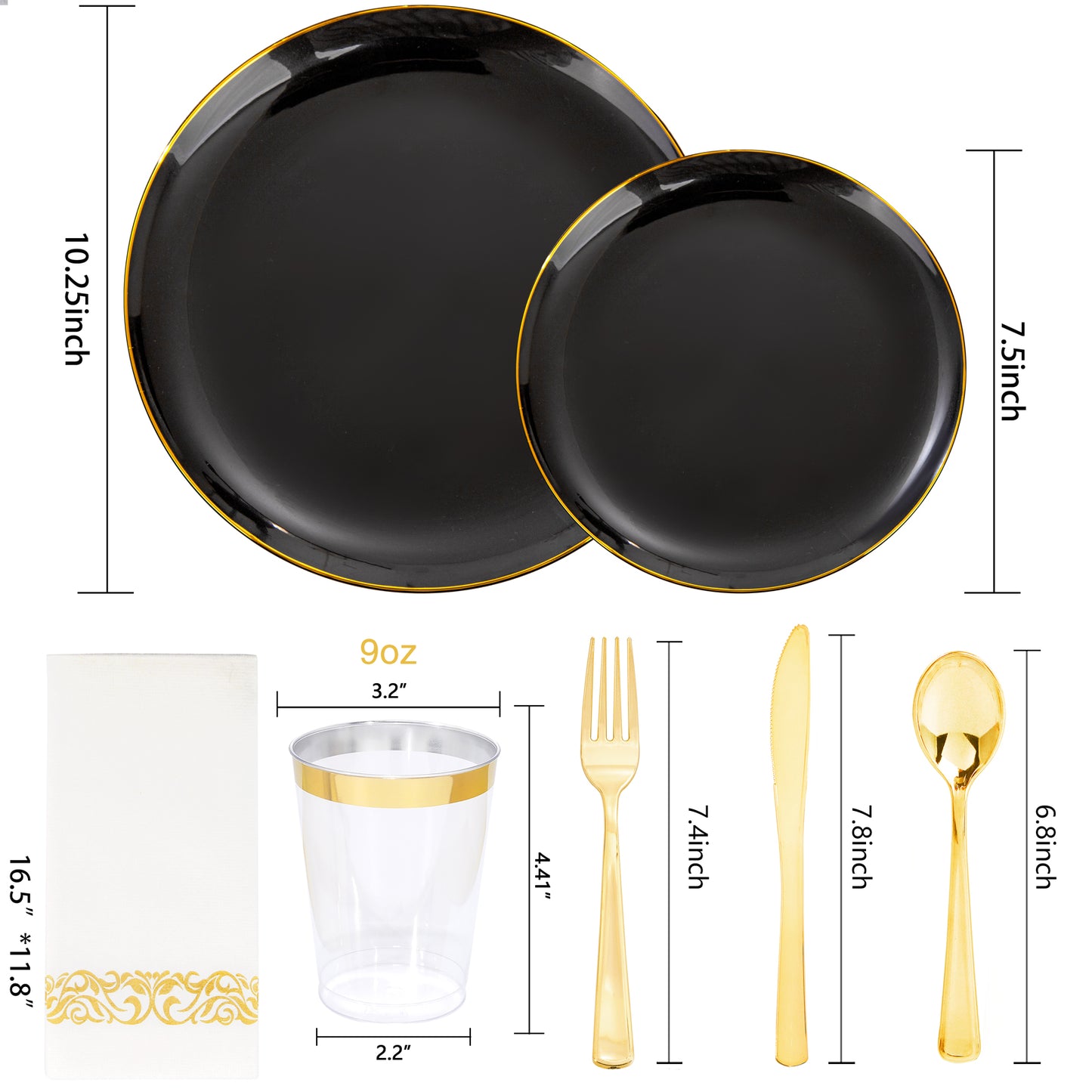 350pcs Black and Gold Plastic Dinnerware Set,Black Plastic Plates with Gold Rim,Black and Gold Plastic Plates,Gold Plastic Silverware,Gold Cups,Great for Birthday,Party,Wedding