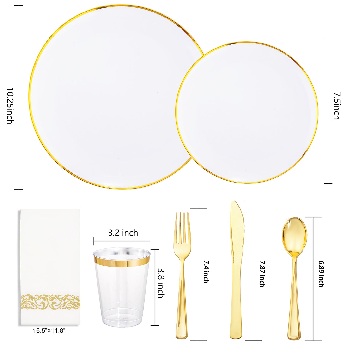 350PCS Gold Plastic Plates,White and Gold Plastic Dinnerware Set,White Plastic Plates with Gold Rim,include 100 Plastic Plates, 150 Gold Plastic Silverware, 50 Cups, 50 Napkins for Wedding