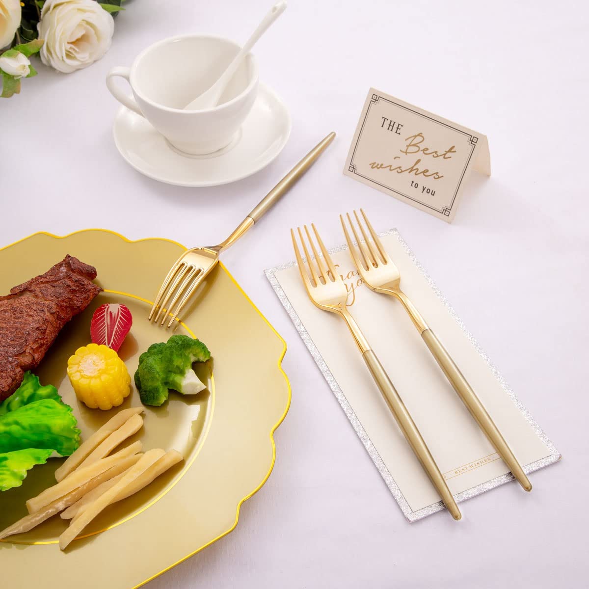 102pcs Gold Plastic Silverware,Disposable Flatware with Dark Gold Handle,Gold Cutlery,Plastic Forks and Spoons Knives,34 Forks,34Knvies,34 Spoons,Perfect for Birthday,Party,Wedding