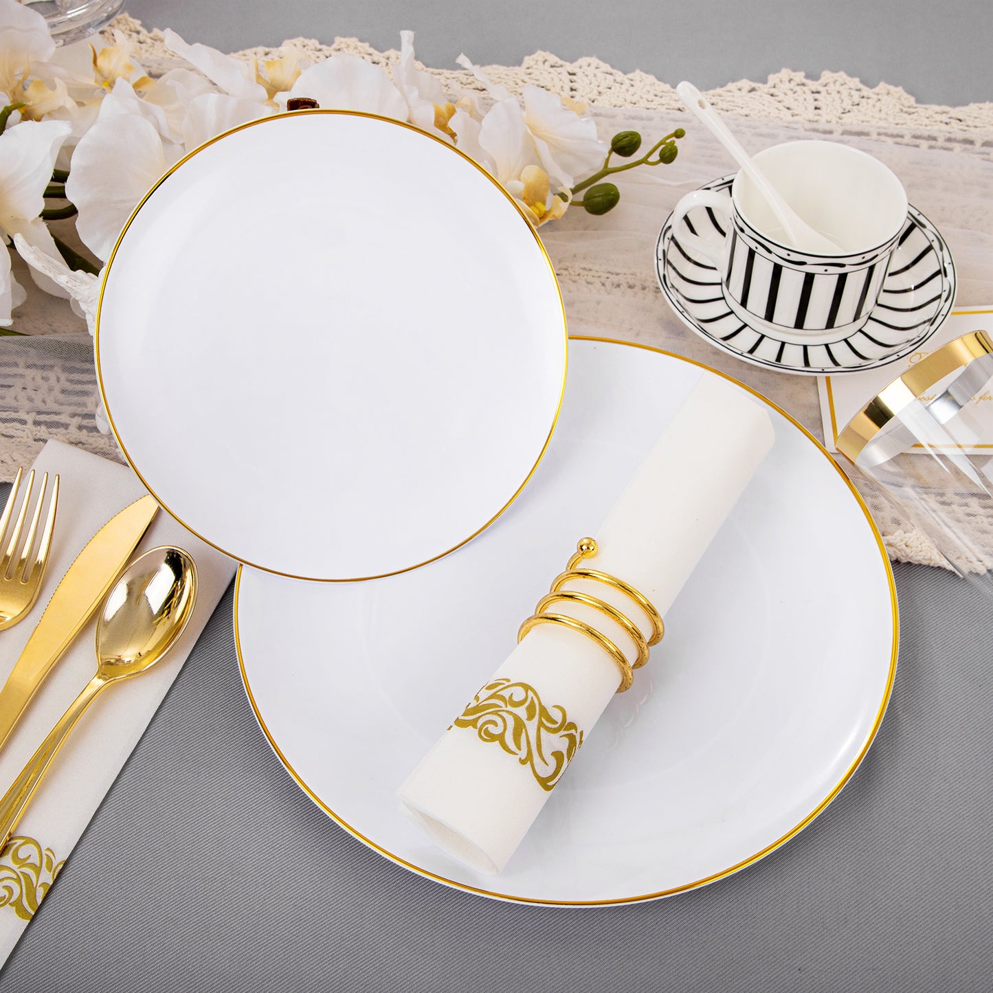 350PCS Gold Plastic Plates,White and Gold Plastic Dinnerware Set,White Plastic Plates with Gold Rim,include 100 Plastic Plates, 150 Gold Plastic Silverware, 50 Cups, 50 Napkins for Wedding