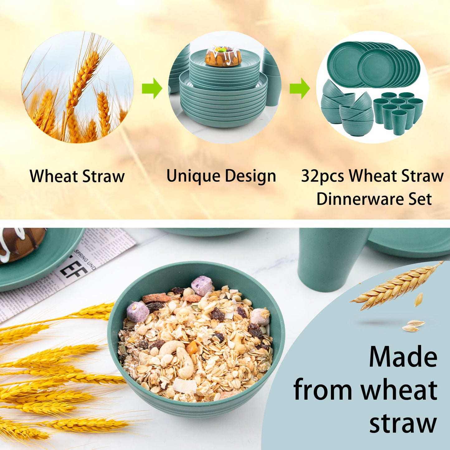32pcs Wheat Straw Dinnerware Sets,Dinnerware Sets for 8,Unbreakable Dinnerware,Reusable Tableware,Dark Green Set 16pcs Plates, 8pcs Bowls, 8pcs Cups,Microwave Dishwasher Safe