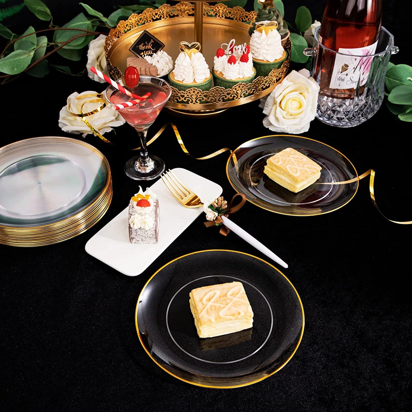 96pcs Dessert Plates Set Include 48pcs Gold Plastic Dessert Plates,48pcs Gold Dessert Forks,Disposable Clear Appetizer Plates 7.5", Perfect for Parties or Weddings