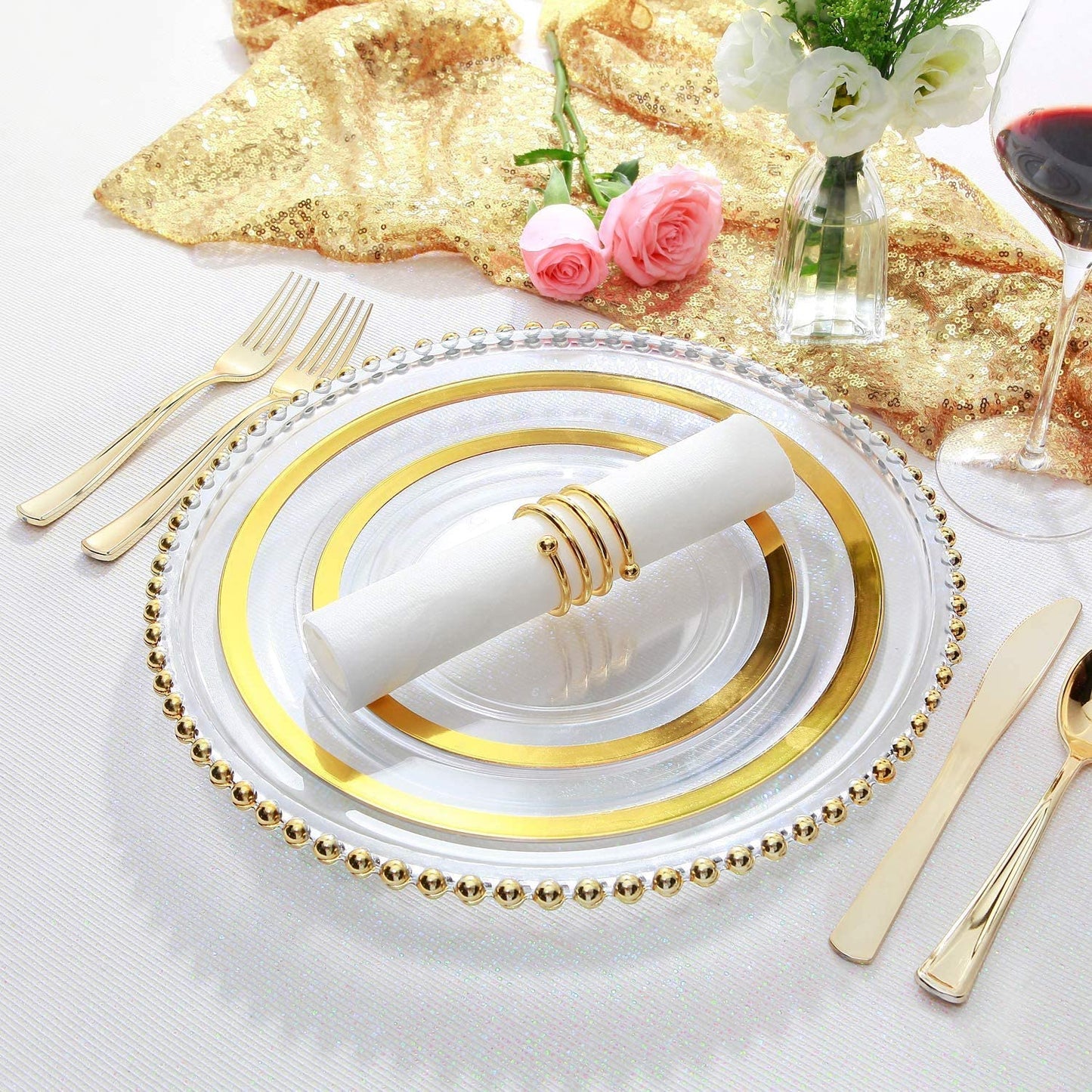 120pcs Plastic Gold plates Clear Plastic Plates with Unique Design Disposable Plates Heavy Duty Includes:60 Durable Dinner Plates 10.25" and 60 Dessert Plates 7.5"