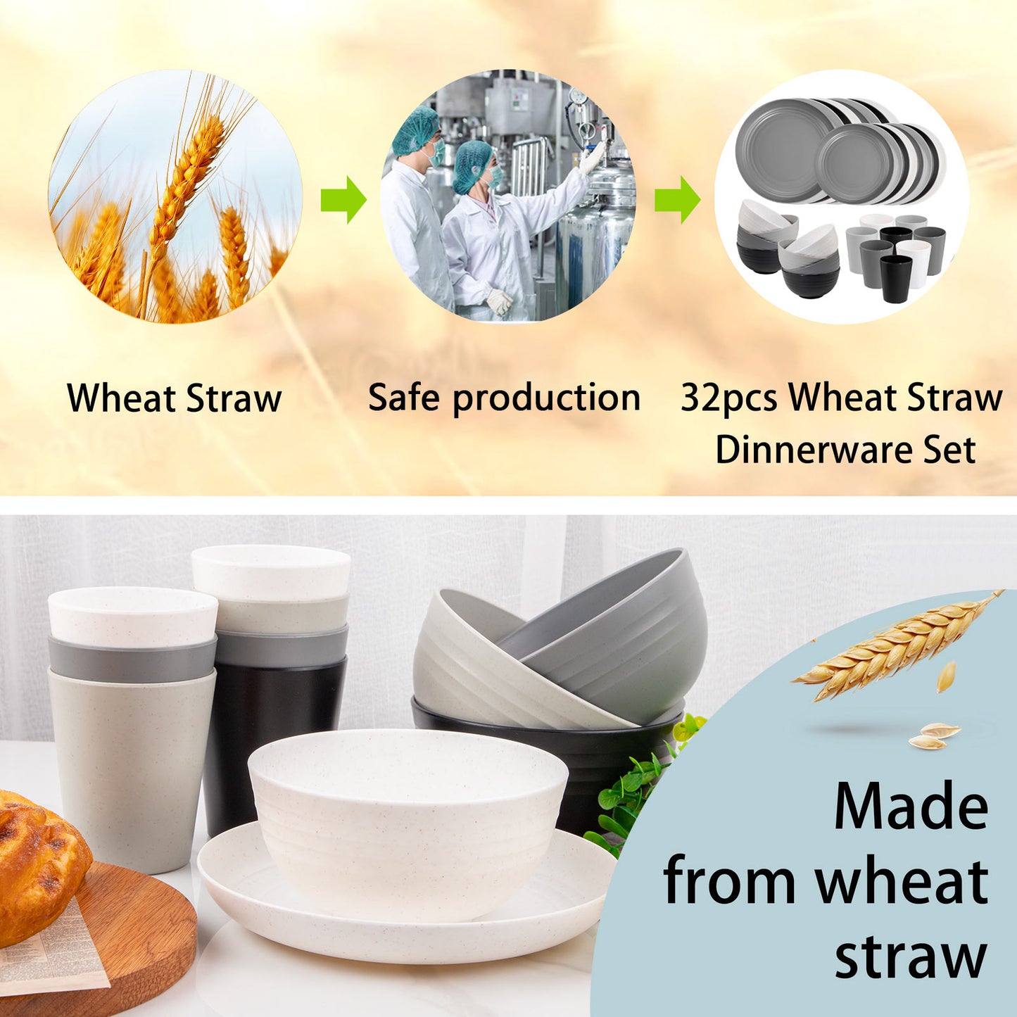 32pcs Wheat Straw Dinnerware Sets,Plates and Bowls Sets,Reusable Plastic Plates,Microwave Dishwasher Safe,Plastic Dinnerware Set,Four Color Set 16pcs Plates,8pcs Bowls,8pcs Cups