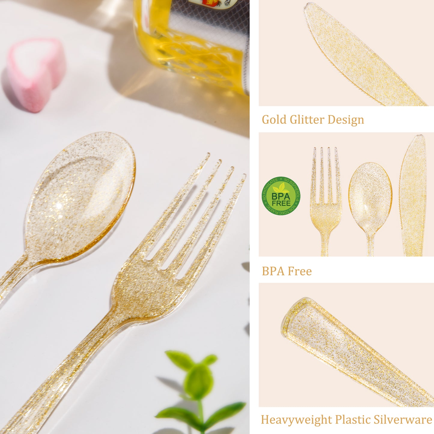 300pcs Gold Plastic Silverware,Gold Disposable Utensils,Gold Glitter Dinnerware Include 100pcs Plastic Gold Forks,100pcs Gold Spoons & 100pcs Gold Knives Perfect for Birthday, Wedding
