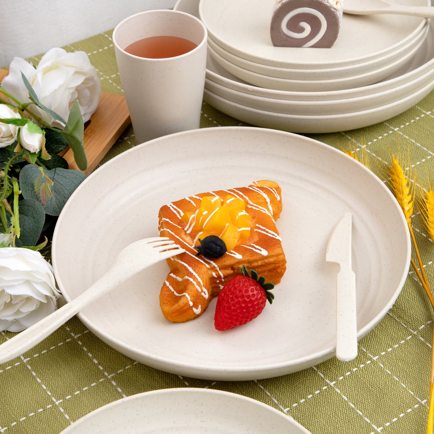 28pcs Wheat Straw Dinnerware Set for 4,Wheat Straw Plates and Bowls Set,Light Weight Dinnerware Reusable Dishwasher Microwave Safe,Deep Plastic Plates,Cereal Bowls,Cups and Utensils Sets