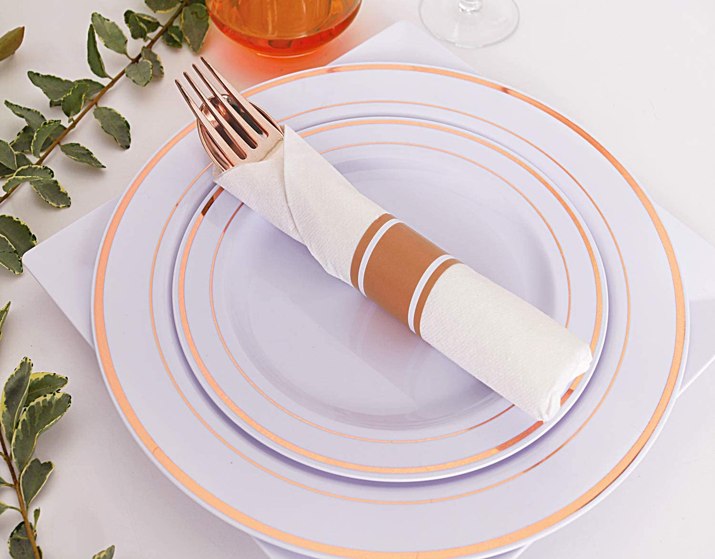Set of 30packs,Rose Gold Plastic Silverware, Pre Rolled Napkin with Cutlery, Disposable Silverware with Rose Gold Linen Napkin, Wrapped Plastic Silverware Set Suit for Party,Wedding