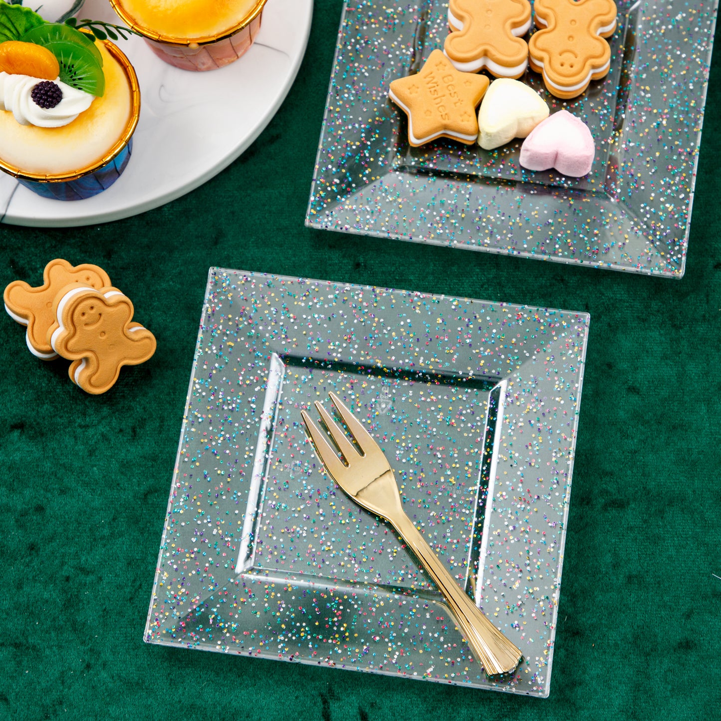 Plastic Square Plates, Glitter Design, 100pcs, 6'' Dishware, BPA Free, Reusable with Caveats, Clear