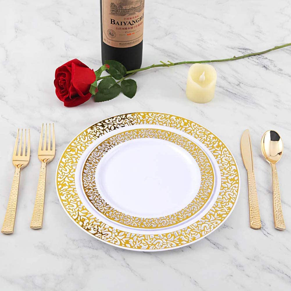 180 pieces Gold Plastic Silverware,Gold Plastic Cutlery,Gold Forks and Spoons,Party Plastic Flatware Include 60 Gold Forks,60 Gold Knives,60 Gold Spoons,Suit for Party,Birthday