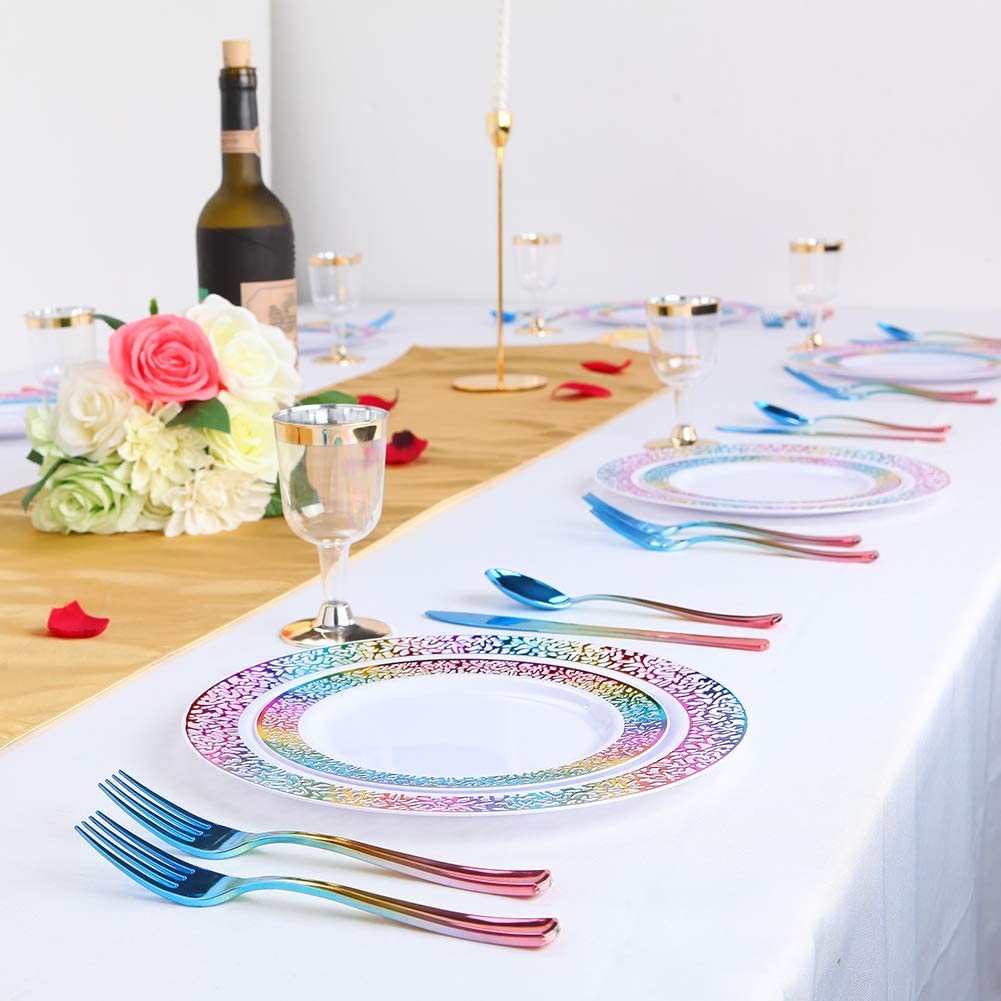 60pcs Gold Plastic Plates,Disposable Lace Plates,Rainbow Plastic Plates,Tie-dye Plates,Birthday Party Plates Include 30 Dinner Plates,30 Salad Plates,Perfect for Birthday,Party,Wedding