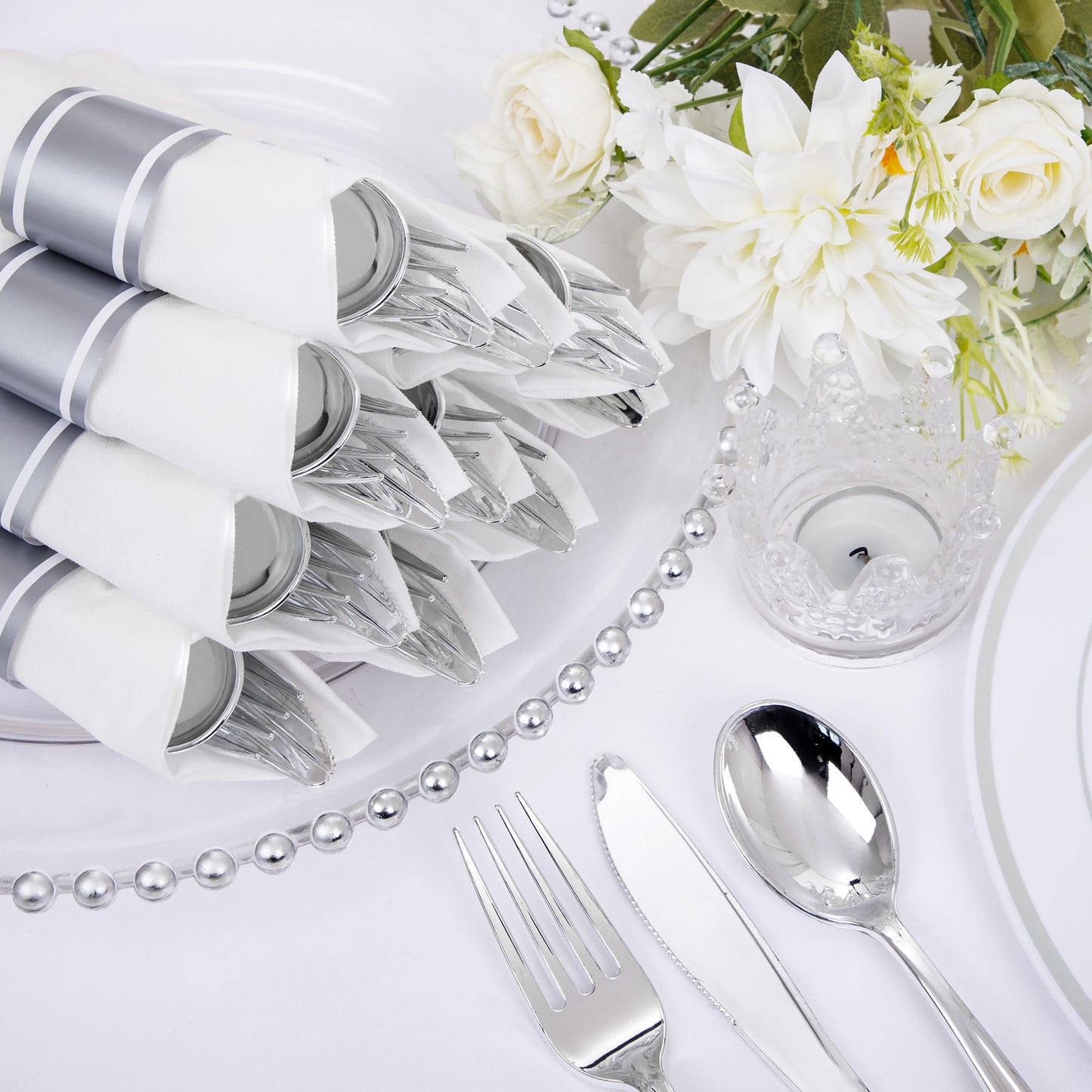 30 Pack Silver Plastic Silverware,Rolled Plastic Silverware,Pre Rolled Napkins with Plastic Cutlery Set,Wrapped Plastic Cutlery Set with Napkin,Silver Plastic Forks,Disposable Dinnerware Set