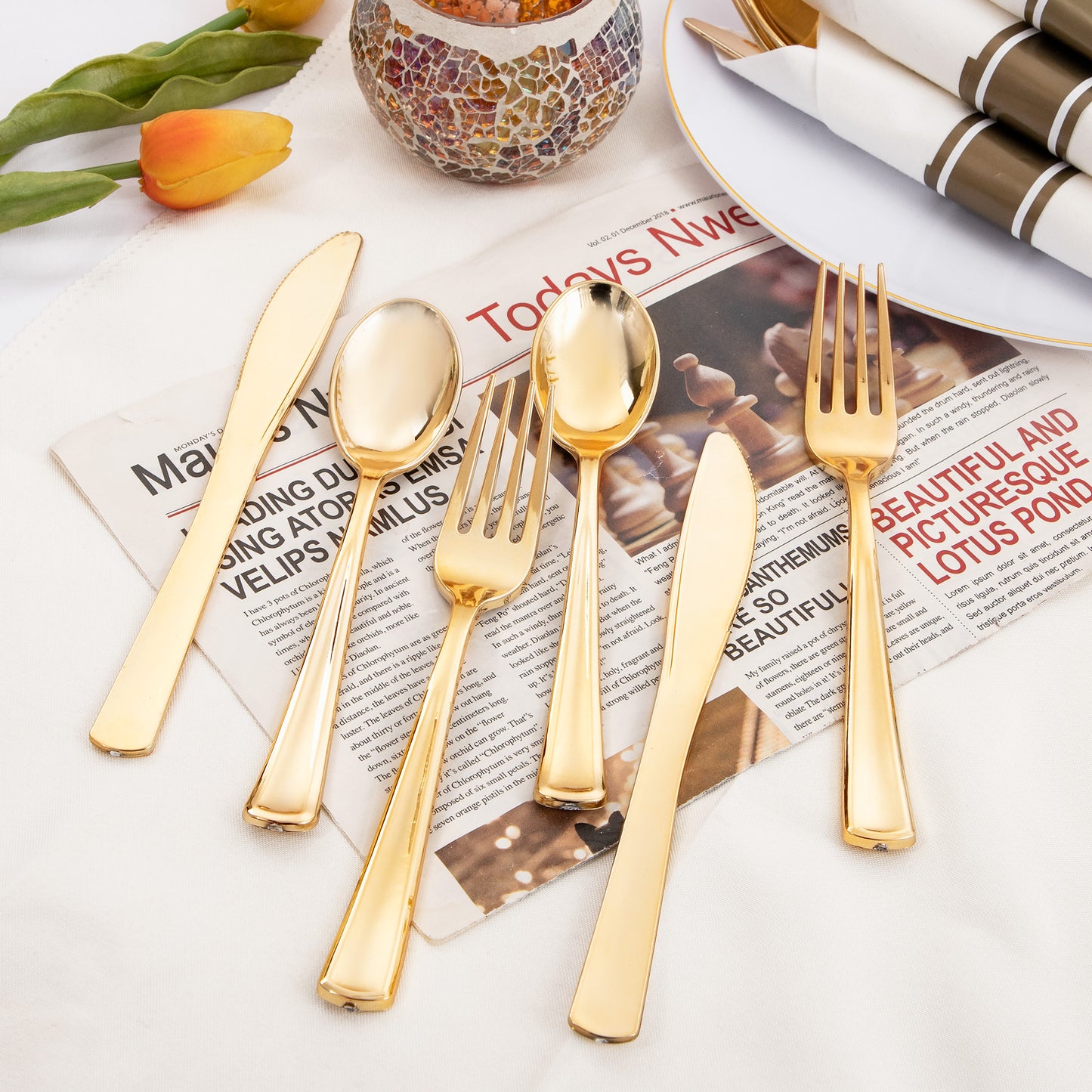 120 Pack Gold Plastic Silverware,Wrapped Plastic Cutlery Set with Napkin,Gold Silverware Disposable,Pre Rolled Napkins with Plastic Cutlery Set,Rolled Silverware Disposable,Wrapped Silverware