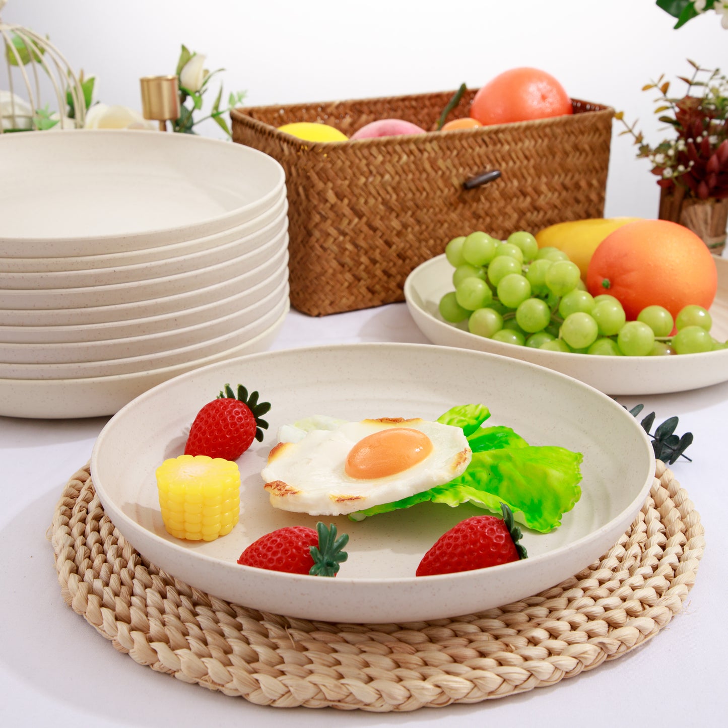 16pcs Wheat Straw Plates,Unbreakable Dinner Plates Set,Microwave Dishwasher Safe,Lightweight Wheat Straw Plates,Party Plates Set,Beige Reusable Plates for Picnic,Birthday,Camping