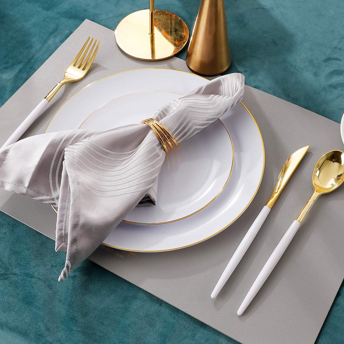 150pcs White and Gold Plastic Plates,Gold Plastic Silverware,Gold Plastic Dinnerware Set Includes 60 Gold Plates,30 Forks,30 Knives,30 Spoons For Weddings Celebrations and Parties