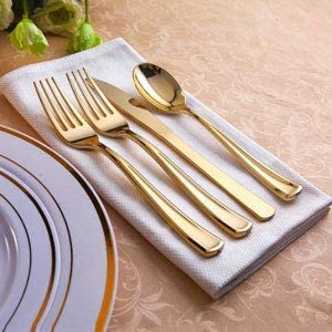 400pcs Gold Plastic Dinnerware Set Disposable Plates For Party Wedding Heavy Duty Gold Plastic Plates Gold Plastic Silverware,Gold Napkins,Suit for Thanksgiving Christmas