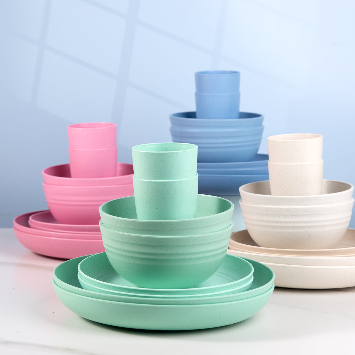 Wheat Straw Dinnerware, Microwave Dishwasher Safe, Unbreakable Light Weight Plates Service For 8, Reusable Tableware Set, Multicolor Set 16pcs Plates, 8pcs Bowls, 8pcs Cups