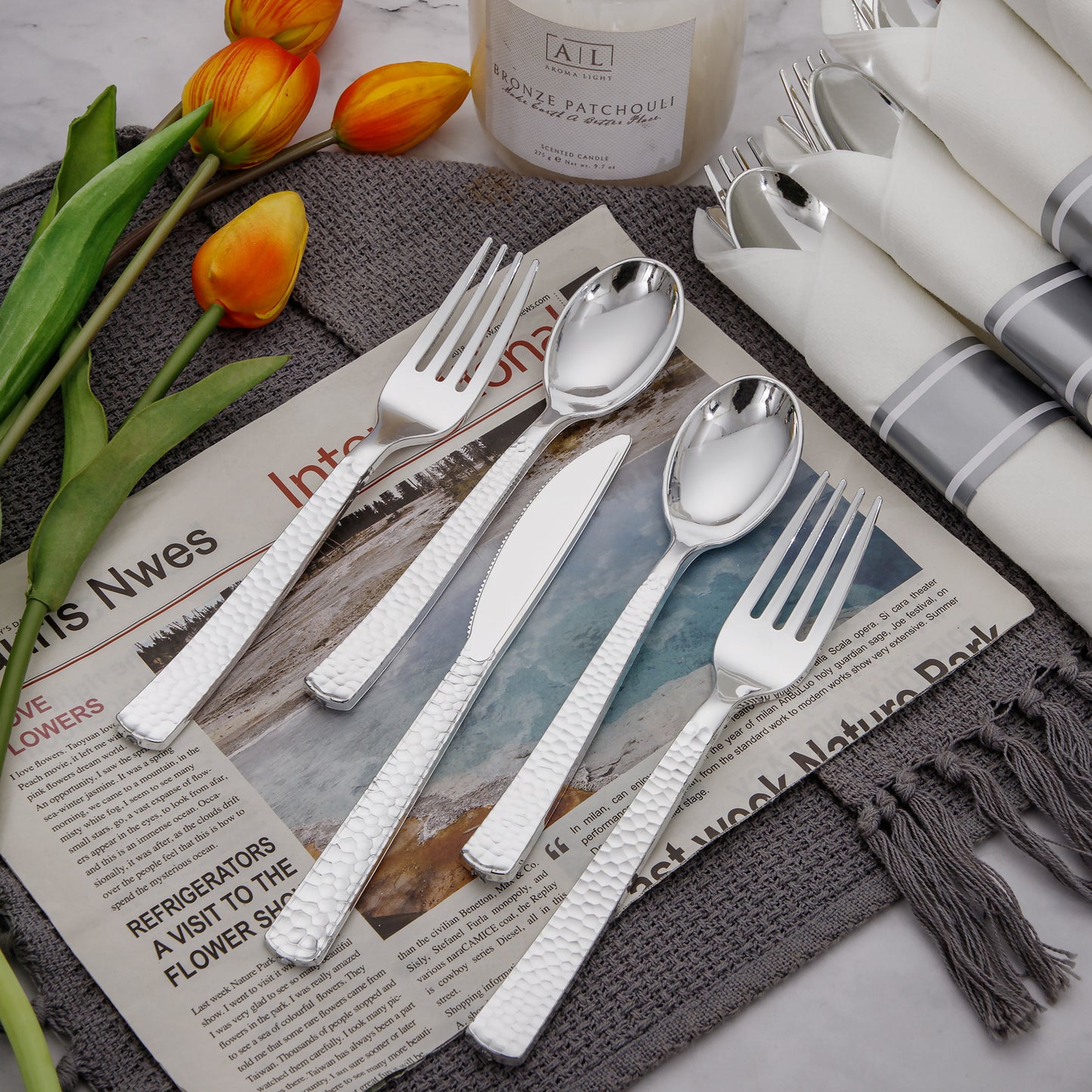 60 Pack Pre-Rolled Napkins with Silver Plastic Utensils,Heavy Duty Wrapped Cutlery,Silver Plastic Silverware, Forks and Spoons,Premium Disposable Plastic Silverware Sets for Any Occasion.
