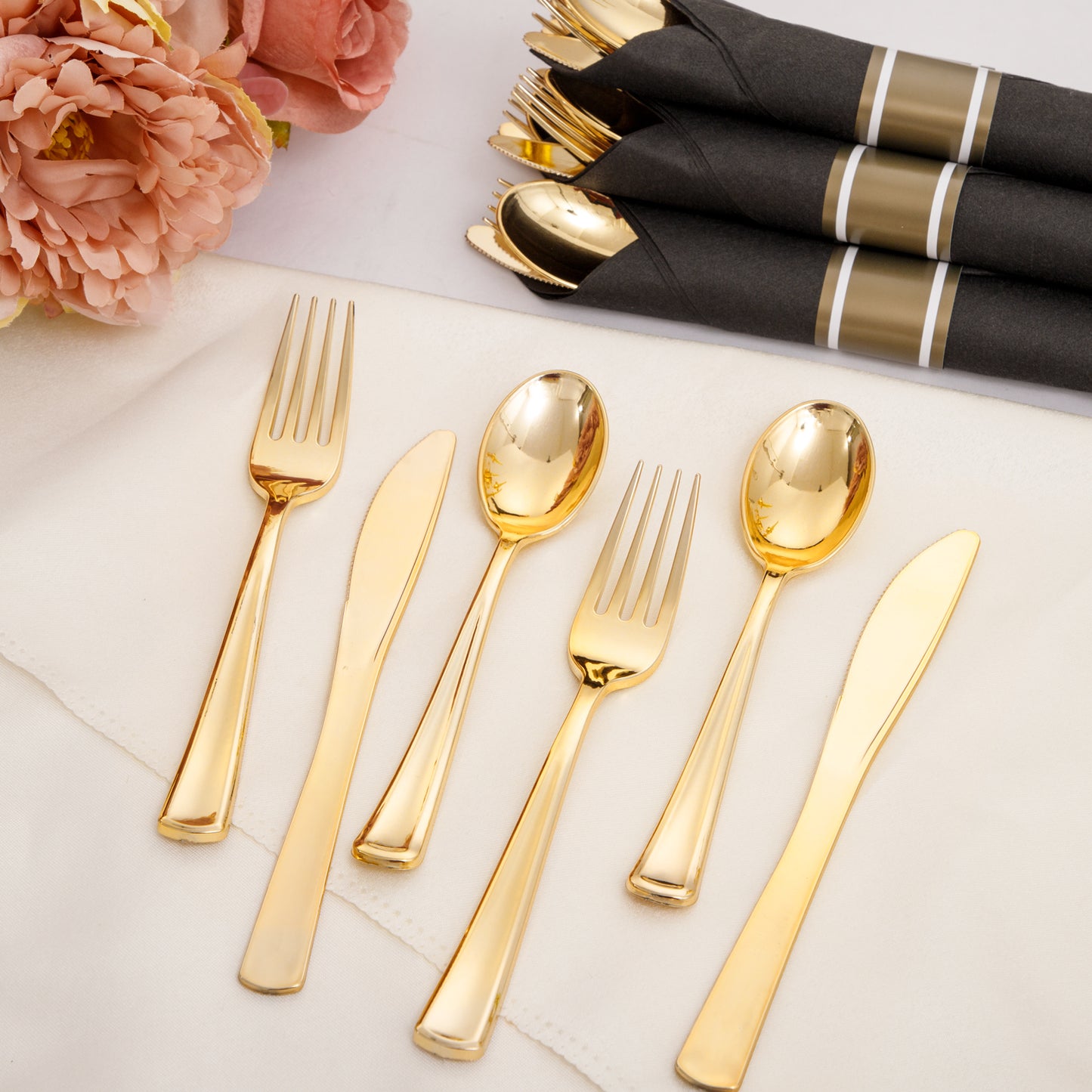 60 Pack Gold Plastic Silverware,Rolled Plastic Silverware,Pre Wrapped Gold Silverware with Black Napkins,Heavy Duty Plastic Cutlery,Plastic Forks and Spoons,Rolled Gold Plastic Cutlery