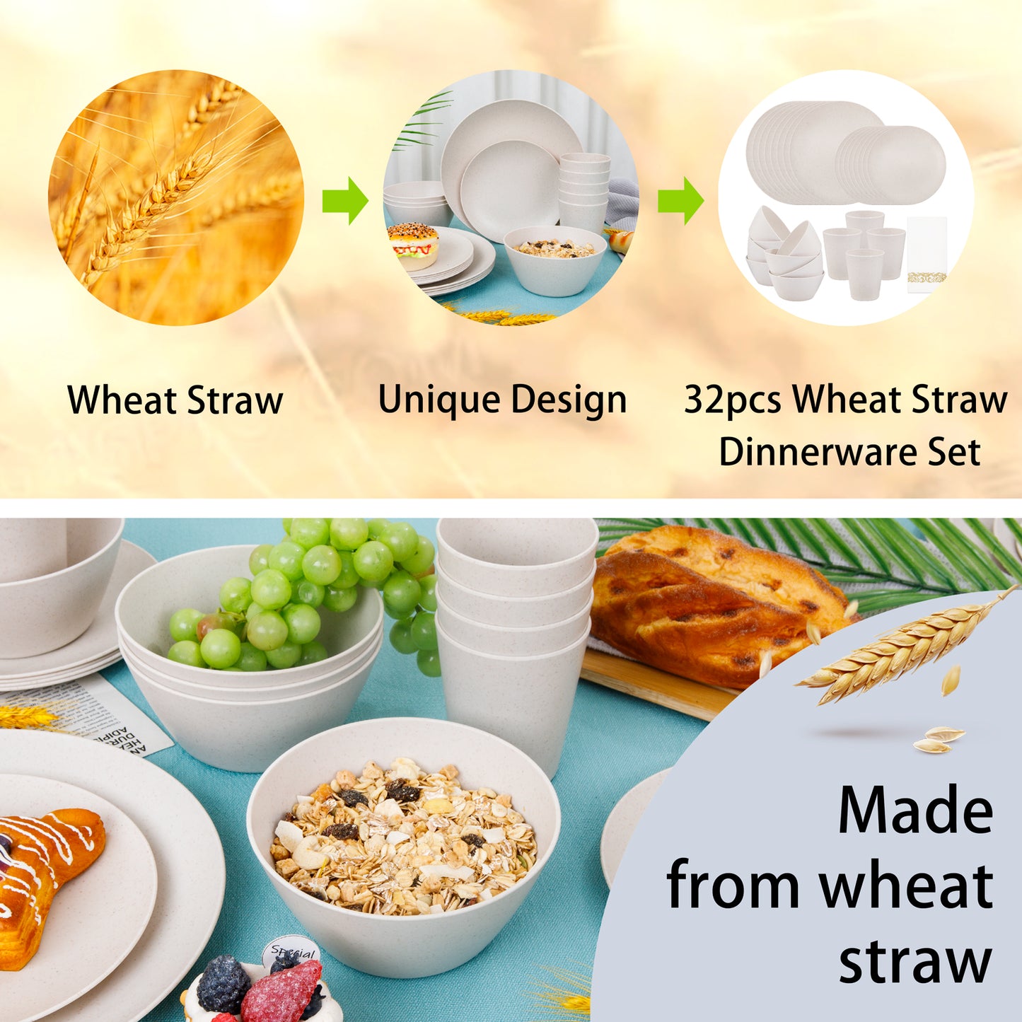 32pcs Wheat Straw Dinnerware Sets with 25pcs Gold Napkins,Plates and Bowls Sets,Beige Plastic Dinnerware Sets Dish Set for 8,Microwave Dishwasher Safe Plates for Halloween Thanksgiving
