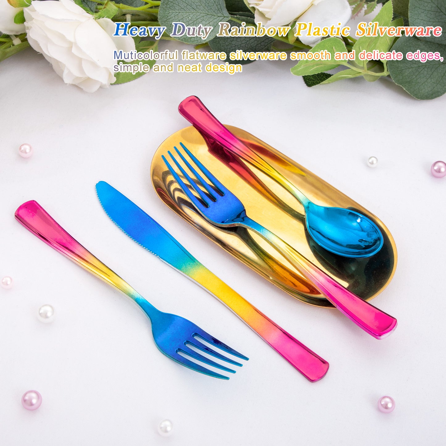120pcs Rainbow Silverware Set,Rainbow Plastic Silverware,Rainbow Plastic Cutlery,Colorful Silverware Set,Rainbow Utensils,Rainbow Flatware,40 Forks,40 Knives and 40 Spoons for Trolls Party