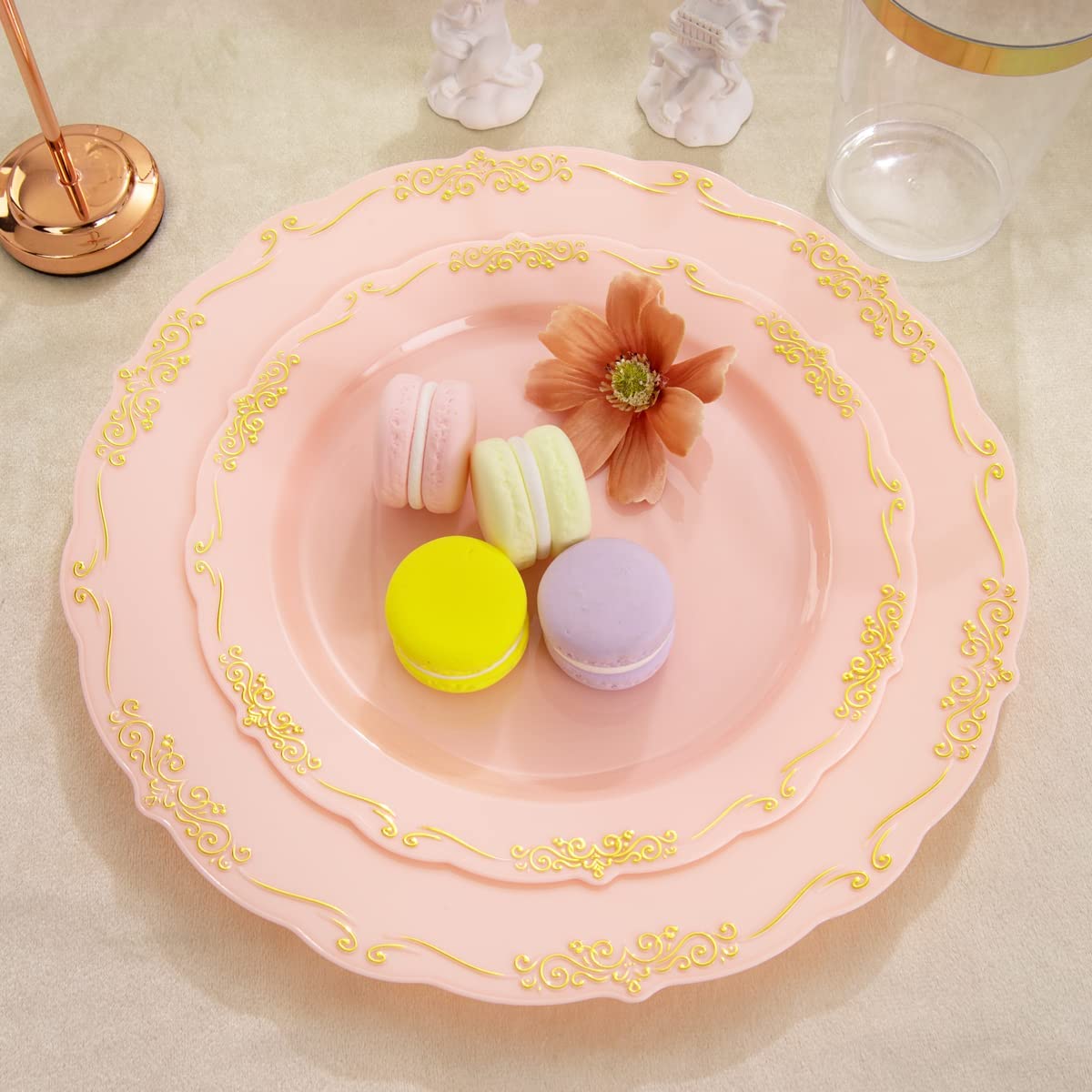 210 Pink Gold Plastic Plates ＆ Gold Plastic Silverware,Gold Plastic Cups,Dessert/Salad Plate with Gold Rim,Gold Cutlery,Gold Napkins,Suit for Mothers Day, Bridal Shower, Wedding,Party