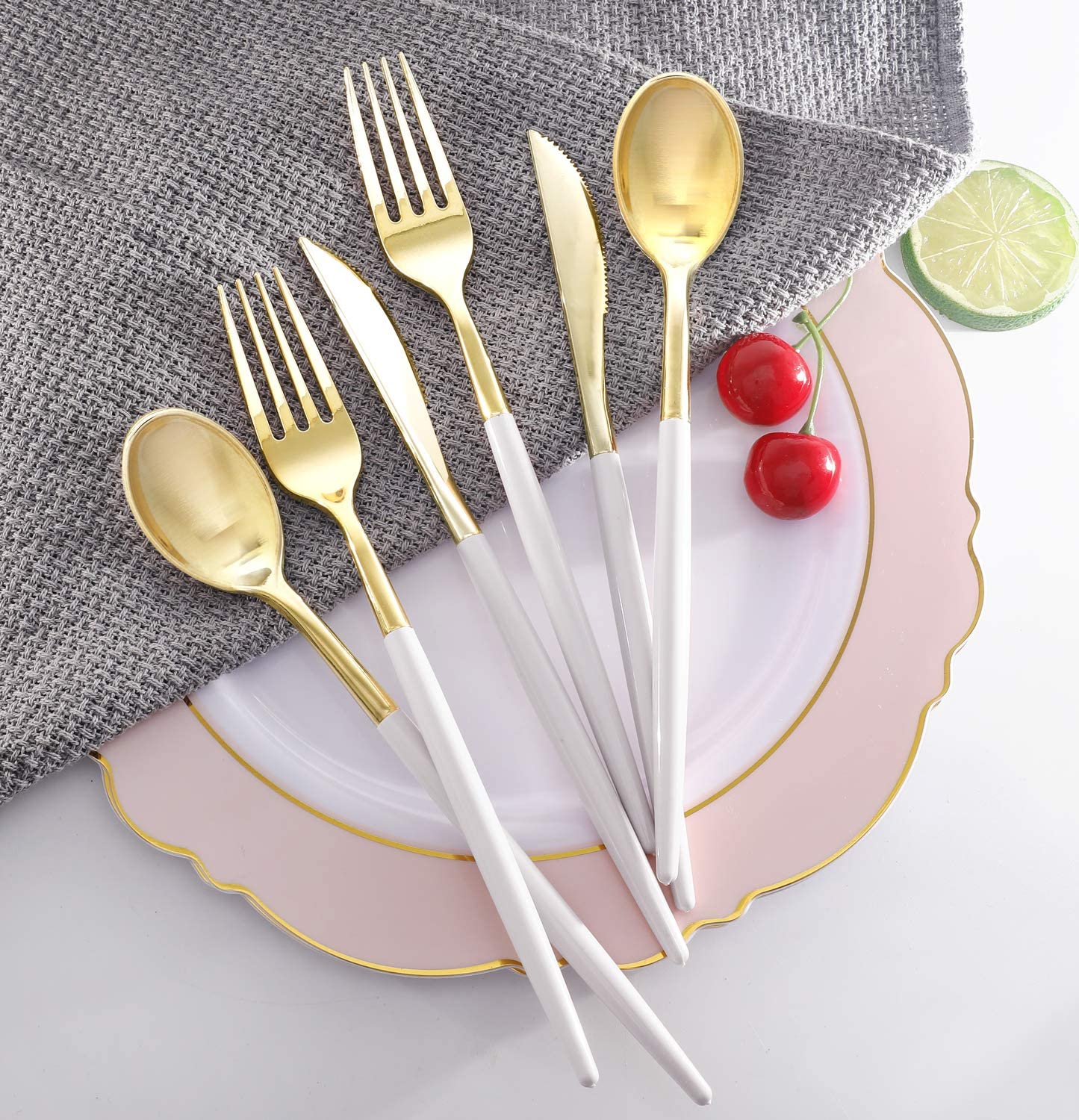 102pcs Gold Plastic Cutlery, Durable Plastic silverware,Disposable Cutlerty with White Handle,Include 34 Forks,34 Knvies,34 Spoons, Suit for Wedding,Birthday,Party