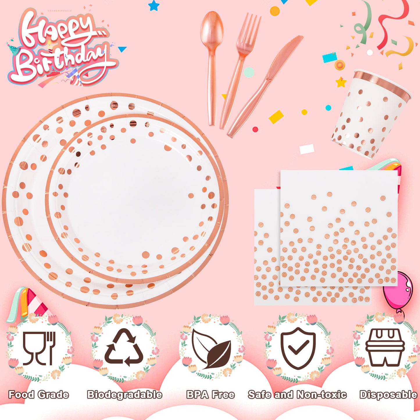 350pcs Rose Gold Plates and Napkins Party Supplies,Happy Birthday Plates and Napkins,Rose Gold Paper Plates,Napkins,Cups,Rose Gold Plastic Forks,Knives,Spoons for Womens Birthday Decorations