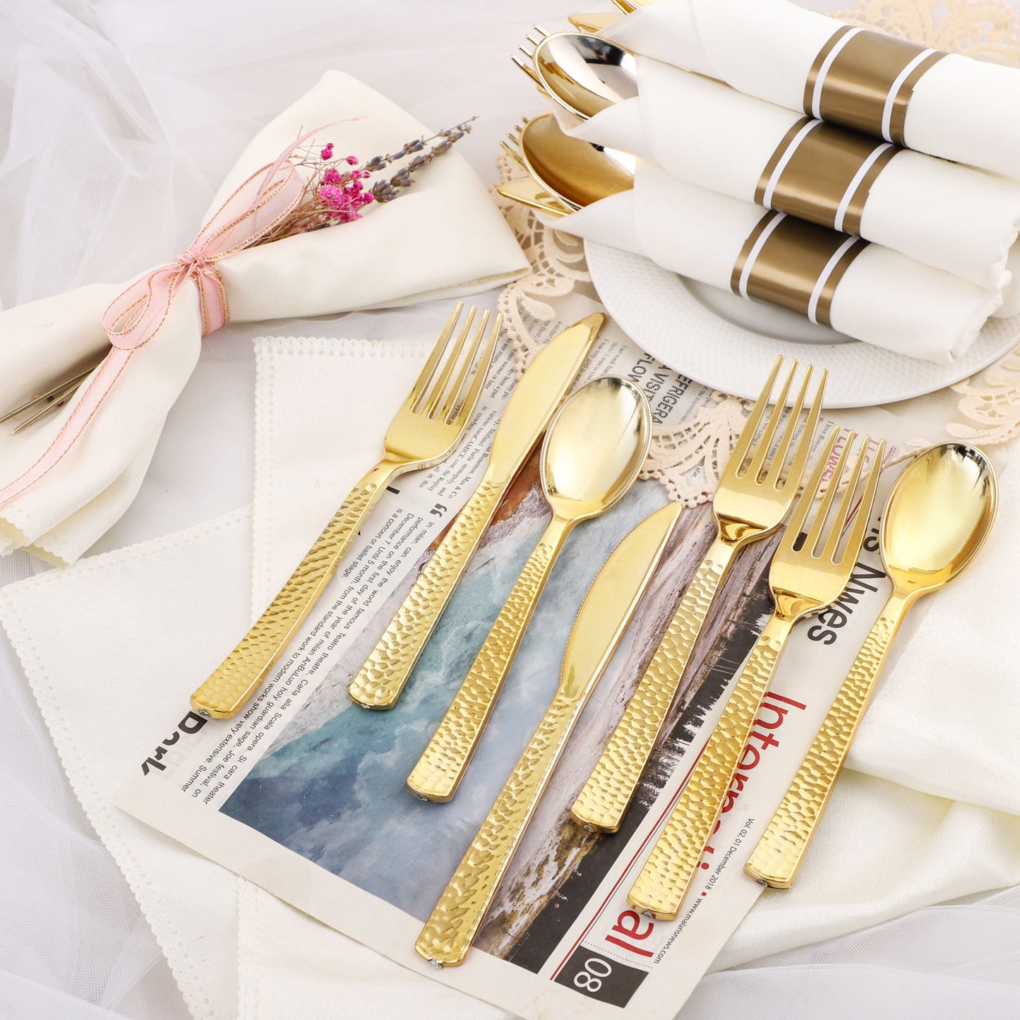 60 Pack Gold Plastic Silverware,Pre Rolled Silverware Set Disposable,Plastic Silverware Set for Parties,Plastic Utensils Heavy Duty include Linen Napkins,For Party and Weddings
