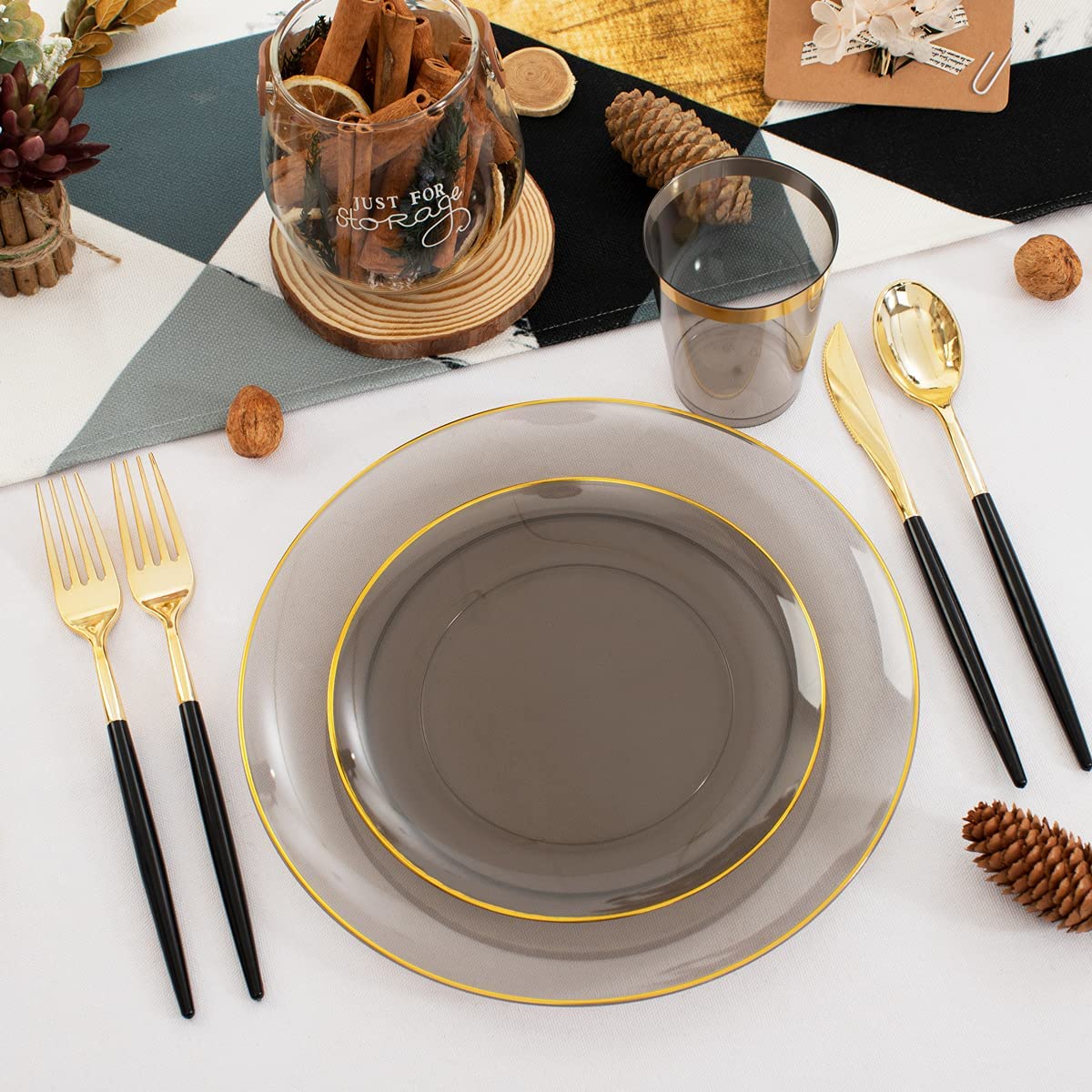 180pcs Black Plastic Dinnerware Set,Black Plastic Plates,Clear Plastic Plates with Gold Rim,Gold Plastic Silverware,Black Clear Gold Cups for Halloween