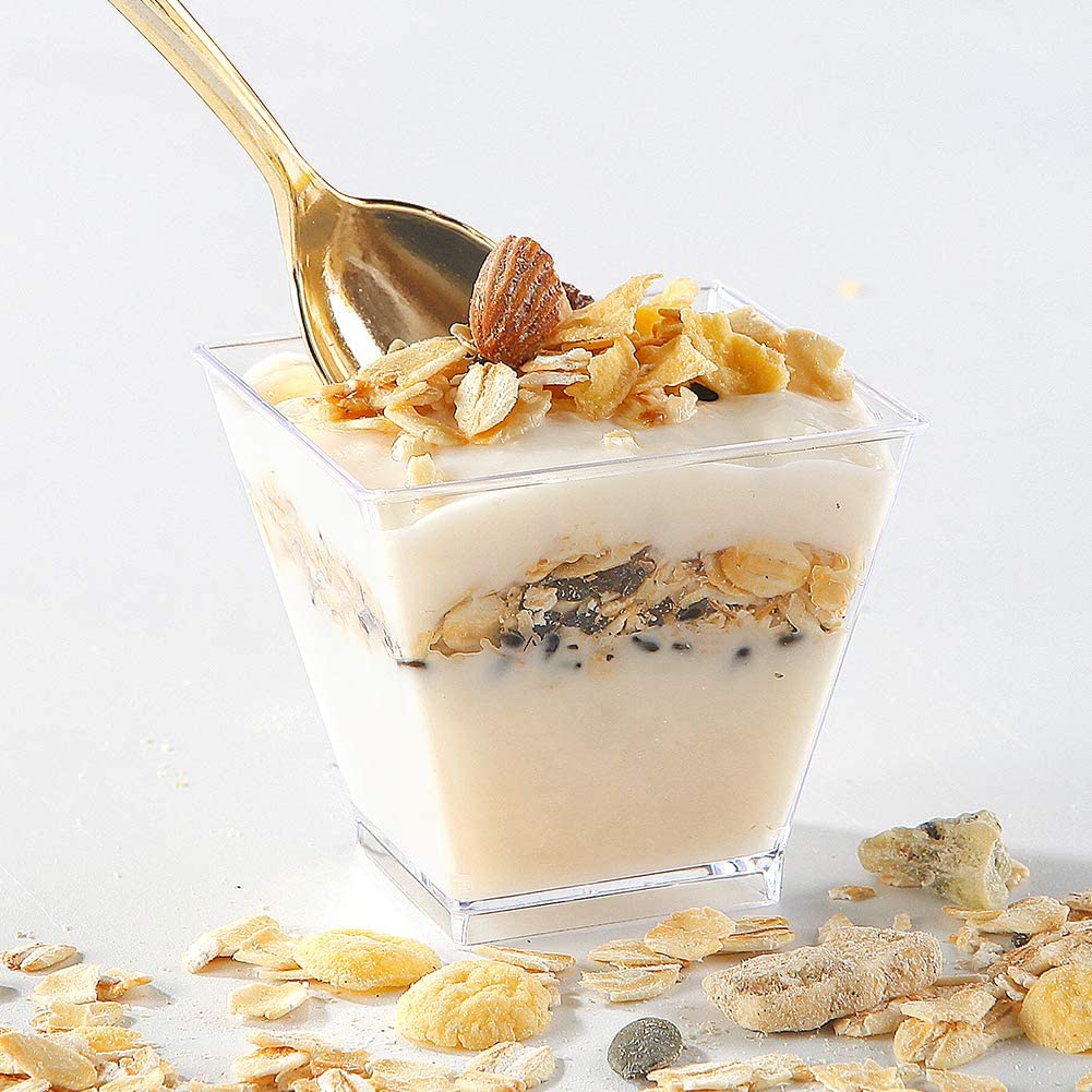 2oz Square Plastic Mini Dessert Cups with Gold Spoons,Parfait Appetizer Cup,100pcs Cups,100pcs Gold Spoons,Perfect for Birthday,Party,Wedding