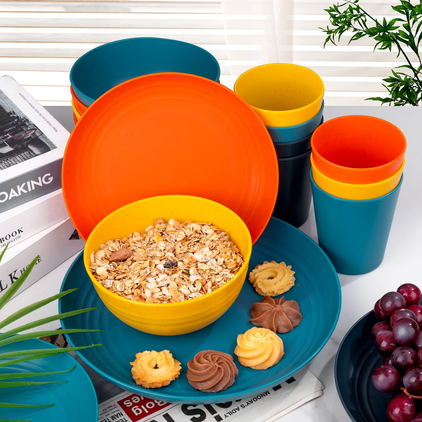 32pcs Wheat Straw Dinnerware Sets,Plastic Plates and Bowls Sets for 8,Unbreakable Plates and Bowls Sets Dishwasher Safe Microwave Safe Fun Colors Perfect for Cooking Family Camping Picnics