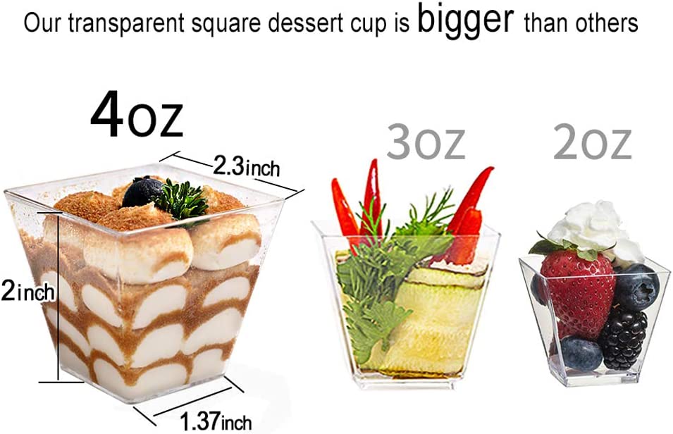 100pcs Square Plastic Dessert Cups (4oz) with 100pcs Mini Gold Plastic Spoons, Plastic Parfait Appetizer Cup, Medium Clear Dessert cups Perfect for Cakes, Ice Cream, Desserts Appetizers