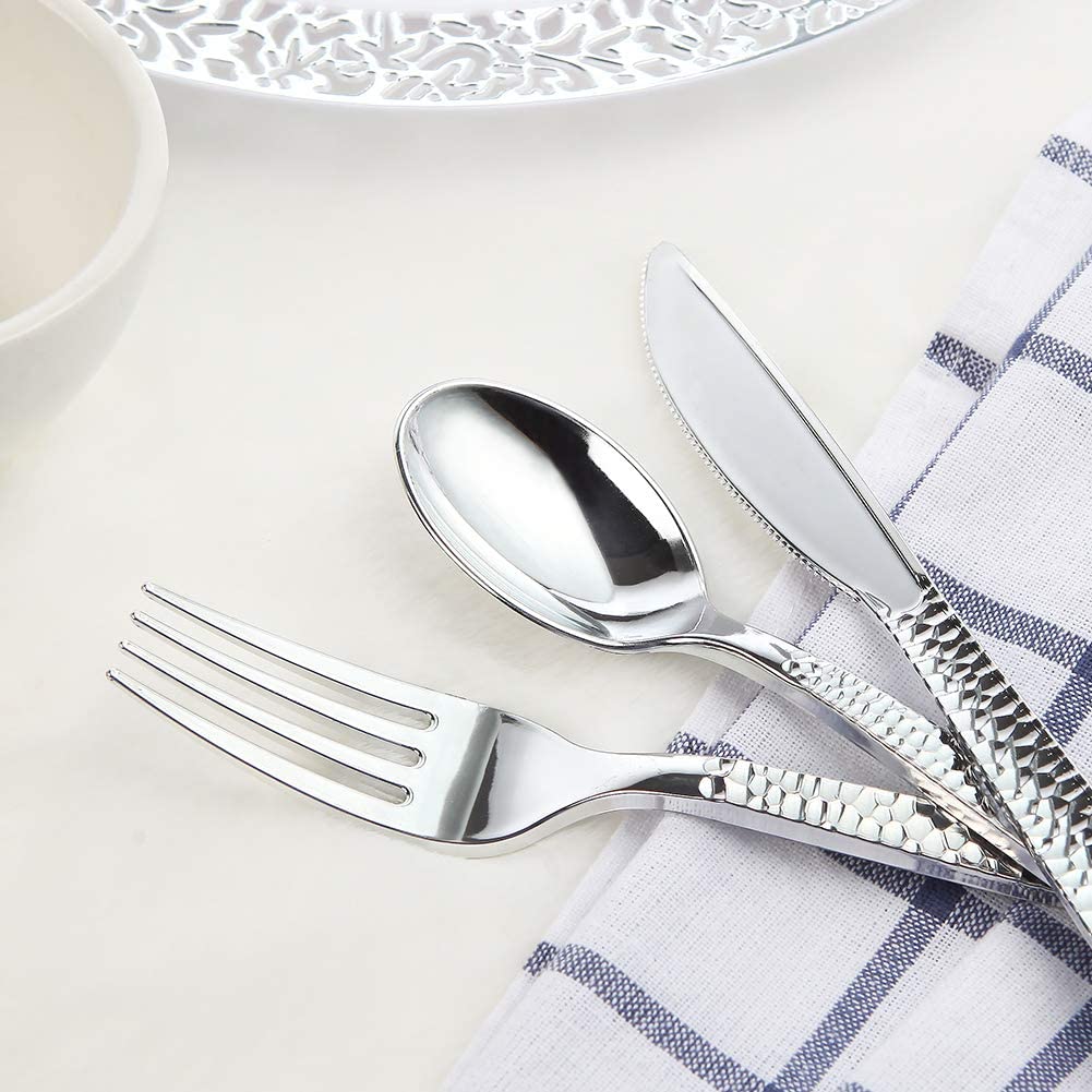 180 pieces Silver Plastic Silverware,Disposable Plastic Silverware,Party Plastic Flatware,Perfect Plastic Silver Cutlery for Birthday,Party,Wedding