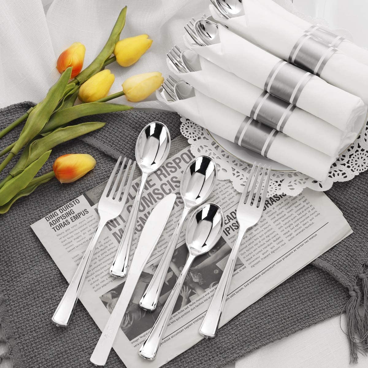 60 Pack Silver Plastic Silverware,Pre Rolled Silverware,Premium Disposable Silver Cutlery,Suit for Wedding,Catering Event,Birthday,Party