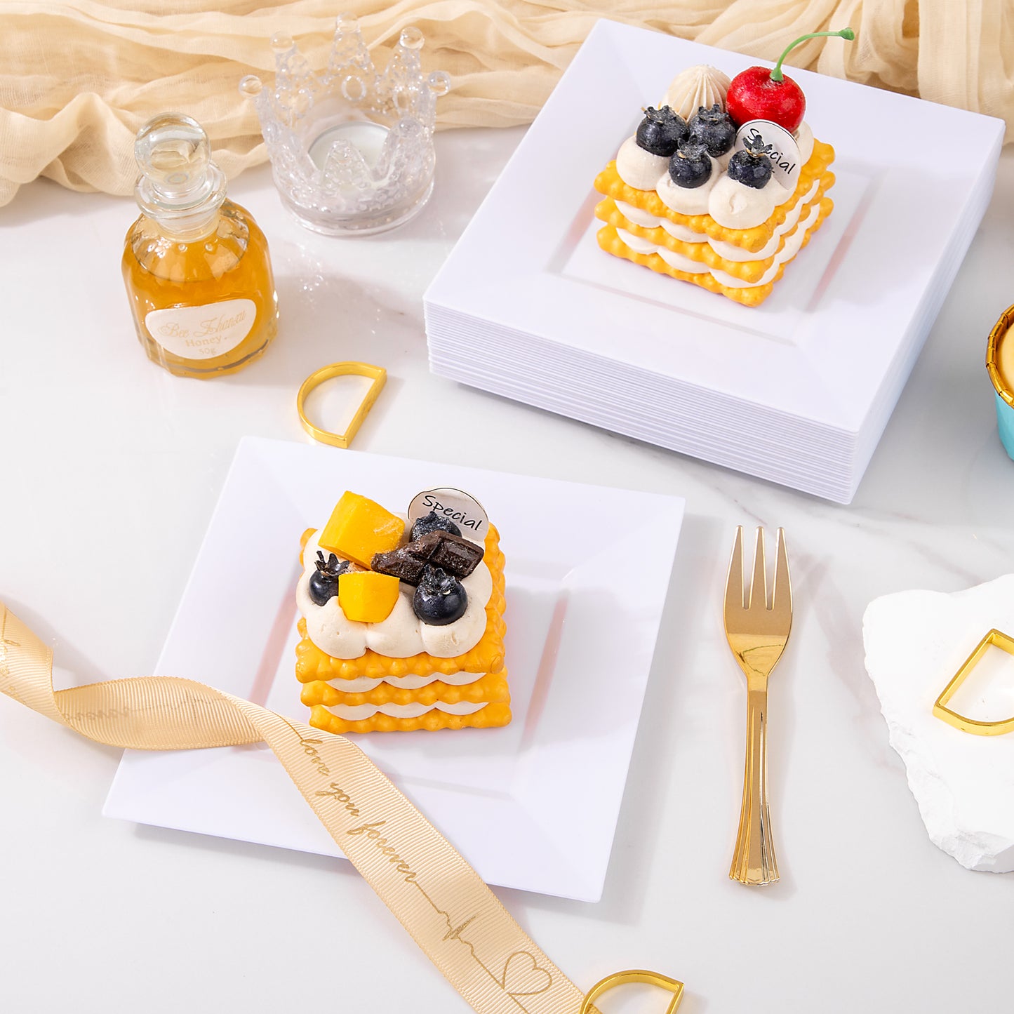 200Pcs White Dessert Plates 6" with Gold Plastic Forks 5.7",White Plastic Square Plates for 100 Guests,Fancy Gold Plates, Including 100 6" Plastic Plates and 100 5.7" Plastic Forks