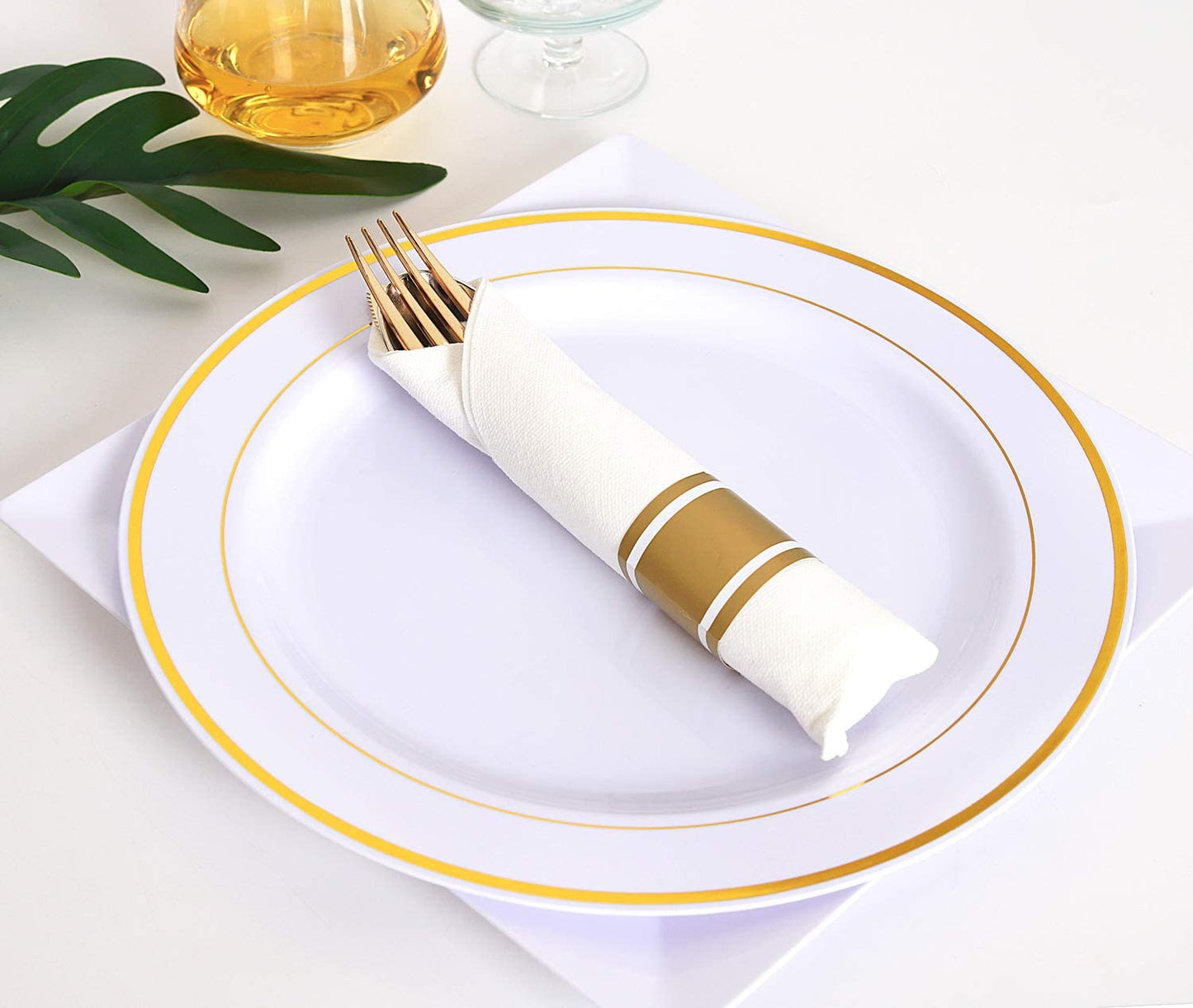 Set of 30pack, Pre Rolled Napkin with Gold Plastic Silverware, Disposable Gold Silverware with Linen Napkin, Heavy Weight, Wrapped Plastic Silverware Suit for Wedding, Catering Event, Party