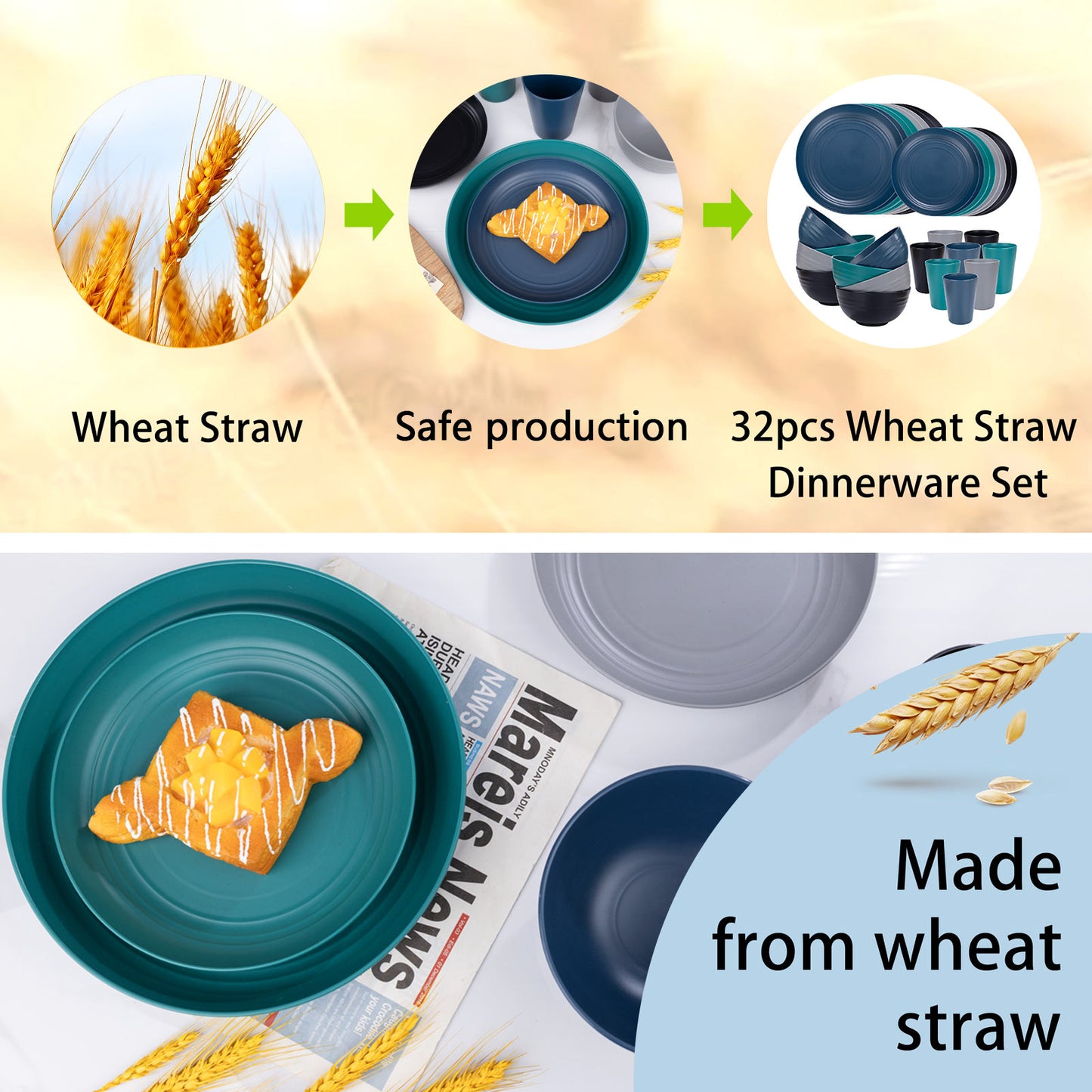 32pcs Wheat Straw Dinnerware Sets,Plastic Plates and Bowls Sets for 8,Unbreakable Plates and Bowls Sets Dishwasher Safe Microwave Safe Fun Colors Perfect for Cooking Family Camping Picnics