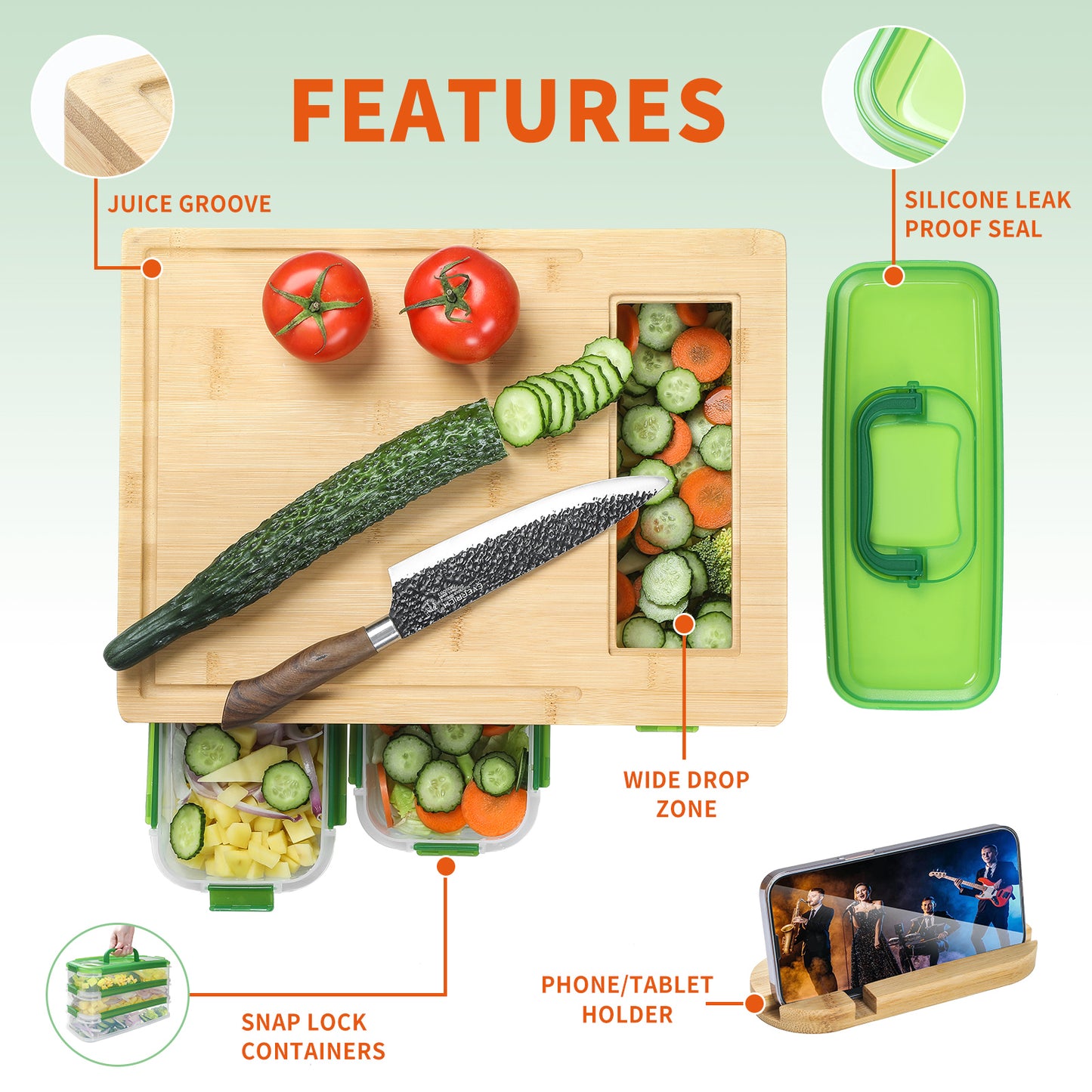 Cutting Board with Containers,Bamboo Cutting Board Set with Stackable,Smart Cutting Board,Large Chopping Boards Set,Storage Box with Lid,Graters, Easy To Clean Kitchen Prep Station