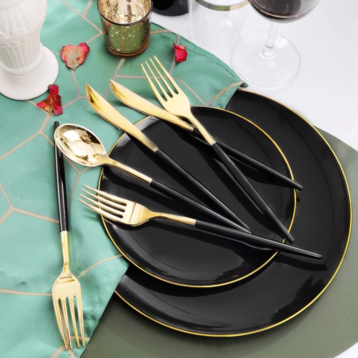 350pcs Black Plastic Dinnerware Set,Black Plastic Plates with Gold Rim,Black and Gold Plastic Plates,Gold Plastic Silverware,Wedding Party Plates,Plastic Cups with Gold Rim for Halloween