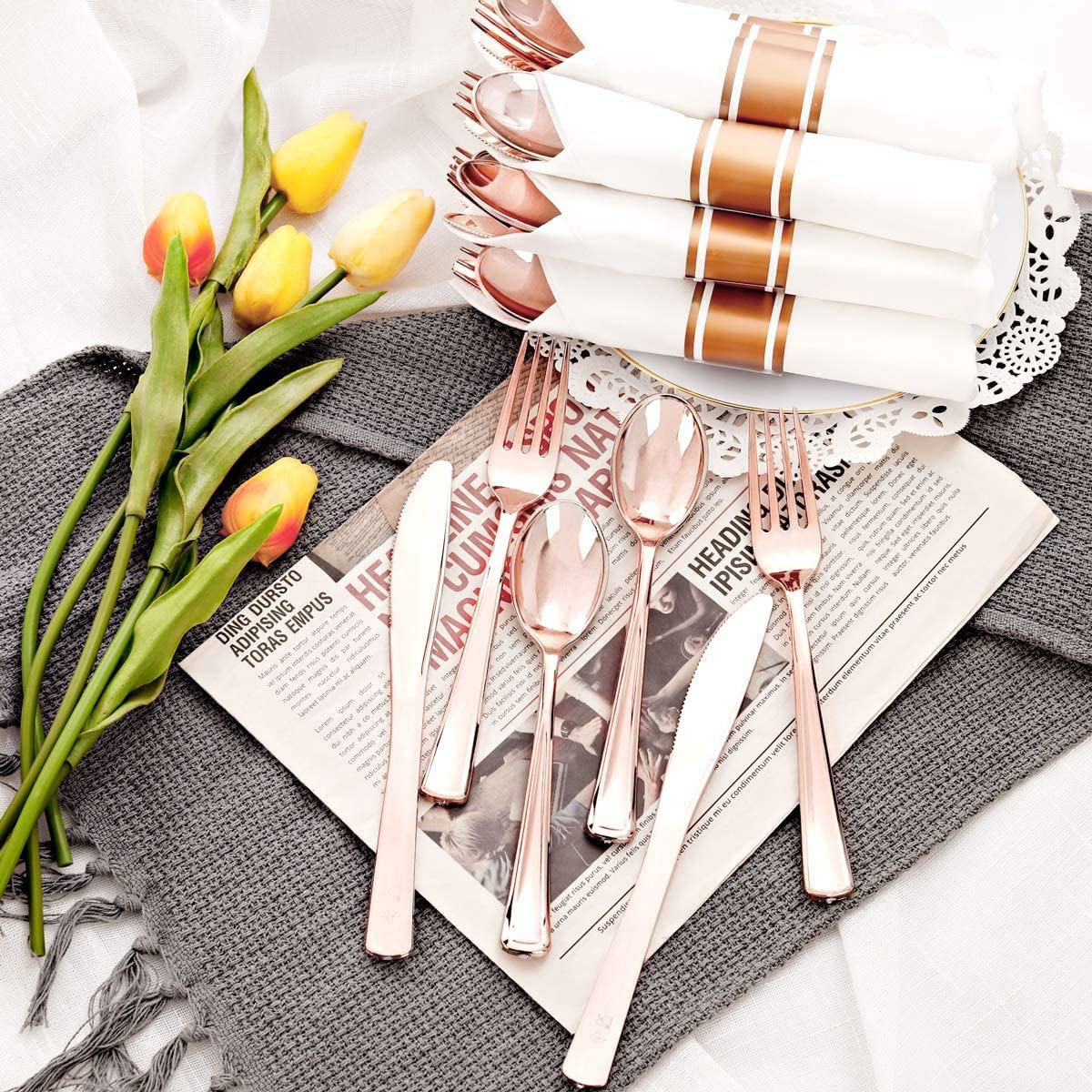 Set of 60 packs Rose Gold Silverware, Pre Rolled Silverware with Rose Gold, Wrapped Plastic Silverware,Rose Gold Cutlery,Heavy Weight Cutlery with Linen Napkin Suit for Wedding, Party
