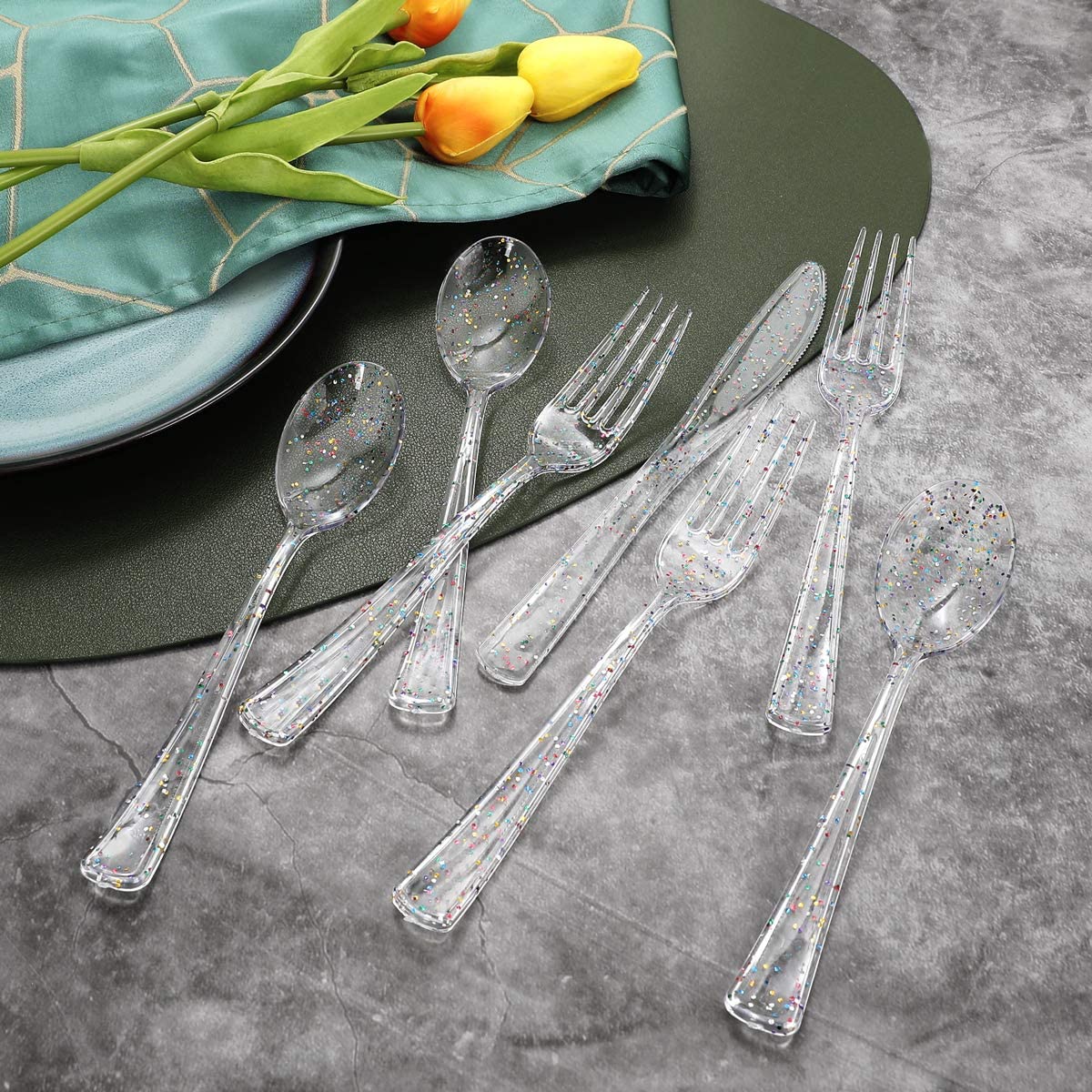 360pcs Clear Plastic Silverware, Glitter Disposable Cutlery with Colorful Design,120 Forks,120 Knives,120 Spoons,Perfect for Parties Birthday