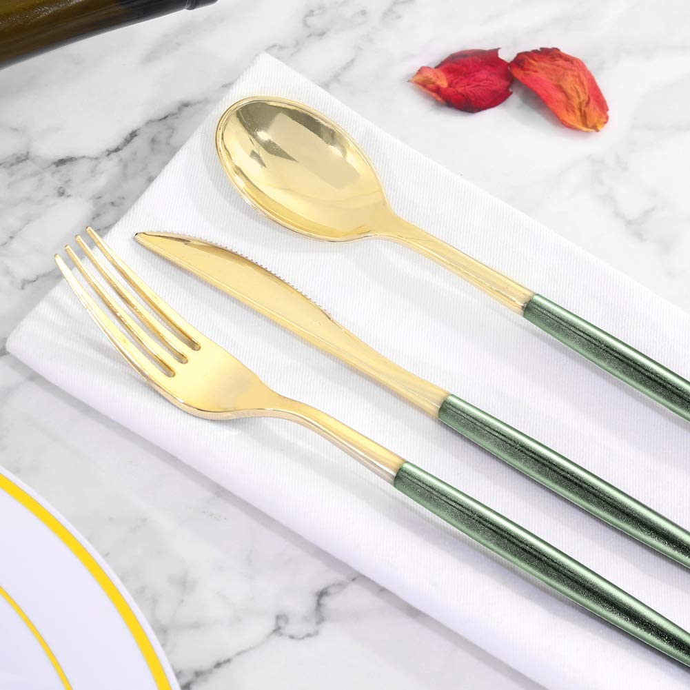 180pcs Gold Plastic Silverware,Green Plastic Cutlery,Gold Cutlery Plastic with Green Glitter Handle,Include 45 Knives,45 Dinner Forks,45 Dessert Forks,45 Spoons,Suit for Party,Birthday