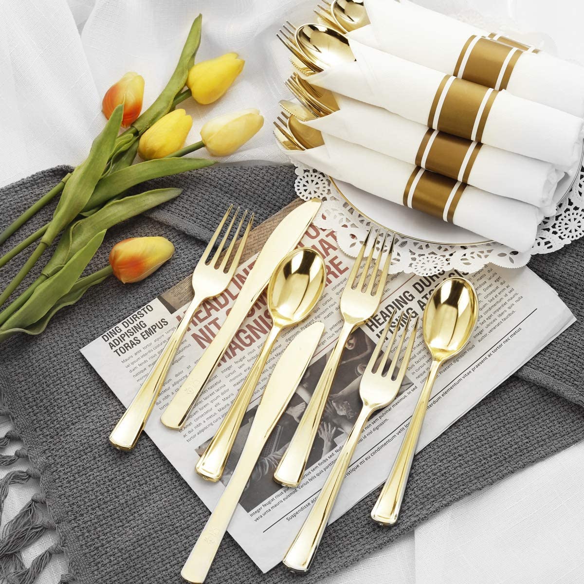 60 Pack Pre Rolled Napkins with Gold Plastic Silverware, Premium Disposable Gold Wrapped Cutlery Set Includes: 60 Forks 60 Knives 60 Spoons 60 Napkin for Party