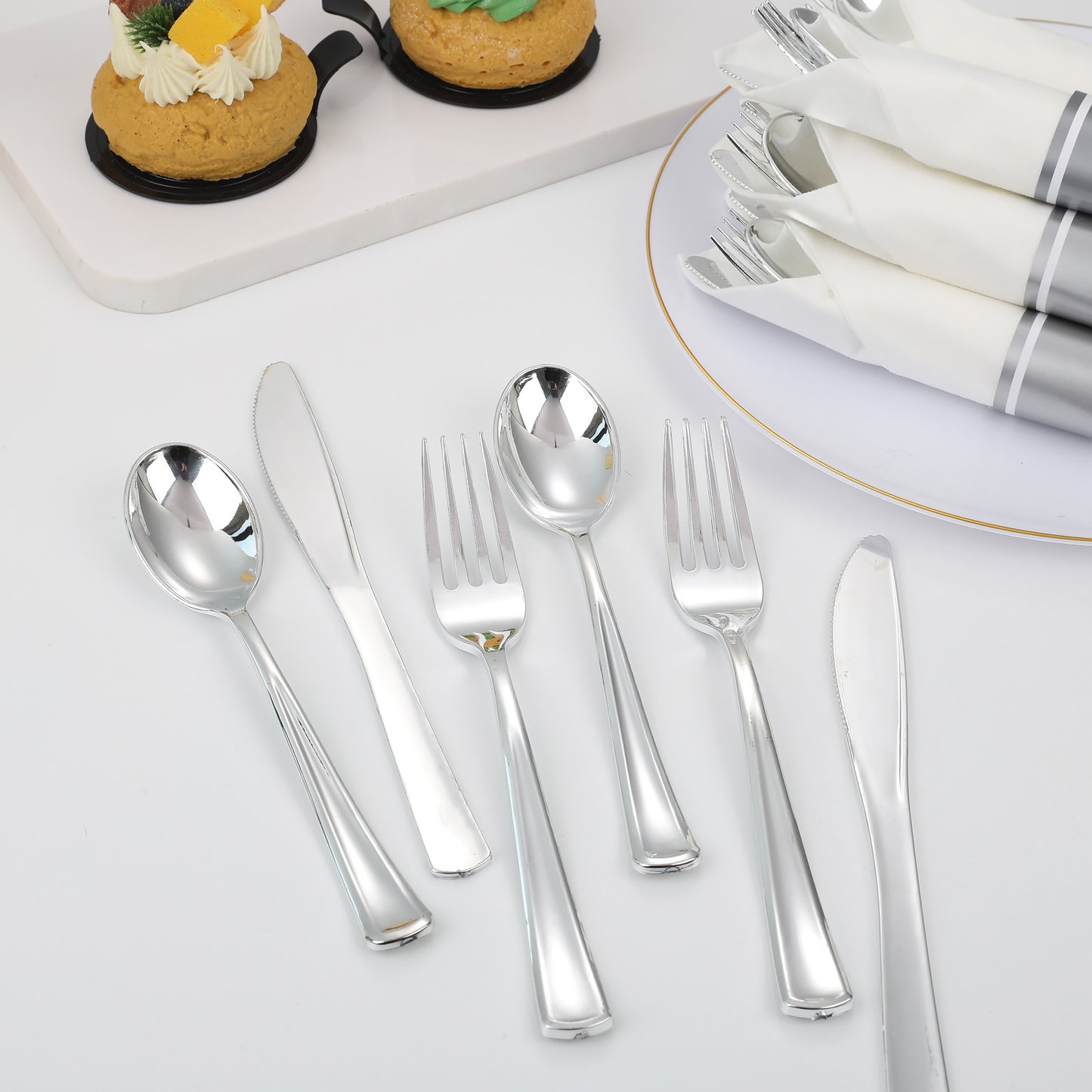 Silver Plastic Silverware,Rolled Plastic Silverware,Pre Rolled Napkins with Plastic Cutlery Set,Wrapped Plastic Cutlery Set with Napkin,Silverware Set Disposable Dinnerware Set 120 Guests