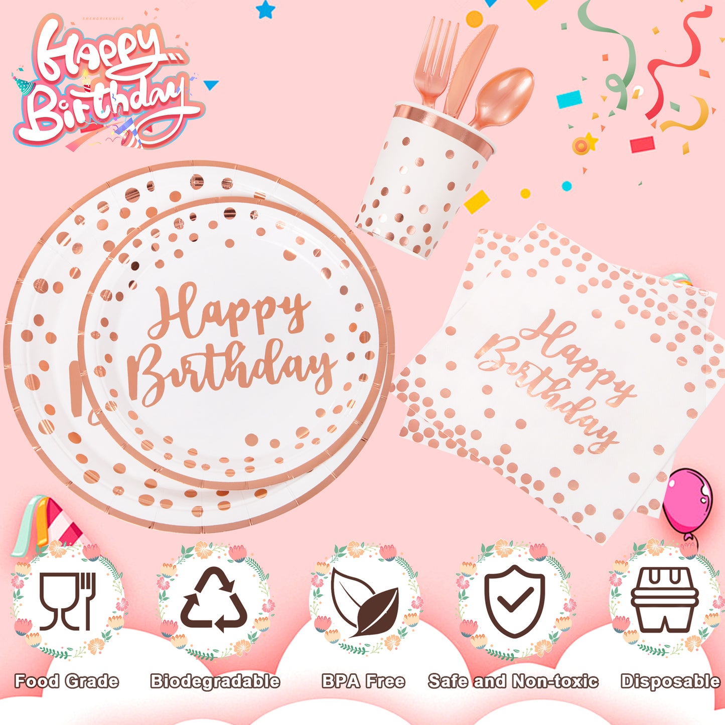 350pcs Rose Gold Plates and Napkins Party Supplies,Birthday Plates,Happy Birthday Paper Plates,Rose Gold Birthday Plates and Napkins,Cups,Forks,Knives,Spoon for Women Birthday Decorations