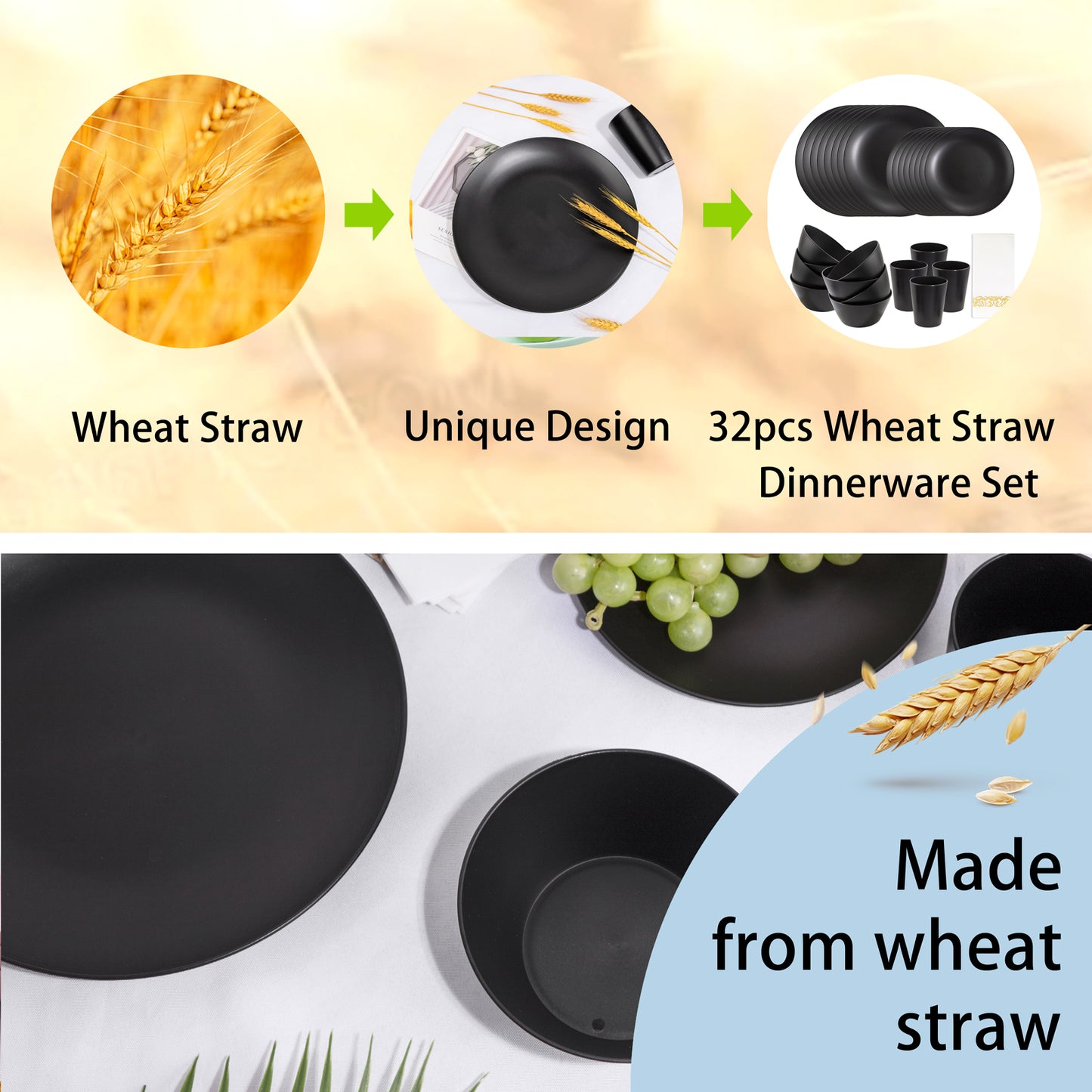 32pcs Black Wheat Straw Dinnerware Sets with 25pcs Linen Napkins,Plates and Bowls Sets for 8,Black Plastic Dinnerware Sets, Microwave Dishwasher Safe Plates, Dishes Set for 8 for Halloween