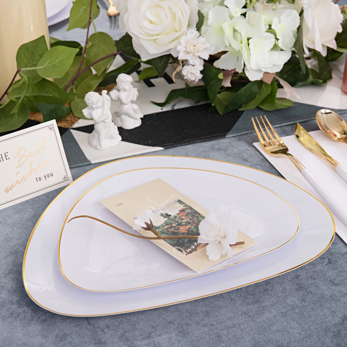 60pcs White Gold Plastic Plates,Gold Plastic Dinnerware Plates,Triangular Gold Plates,includes 30 Gold Plates and 30 Dessert Plates for Wedding and Parties