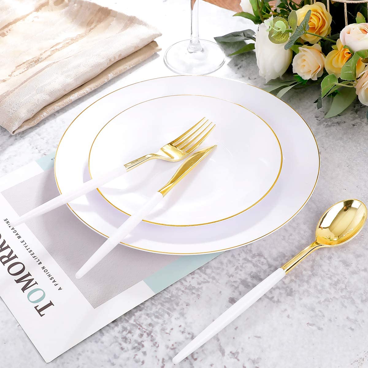 350pcs Gold Plastic Dinnerware Set,Gold Plastic Silverware with White Handle,Disposable White Plastic Plates for Party or Wedding,Clear Cups,Gold Rim Napkins