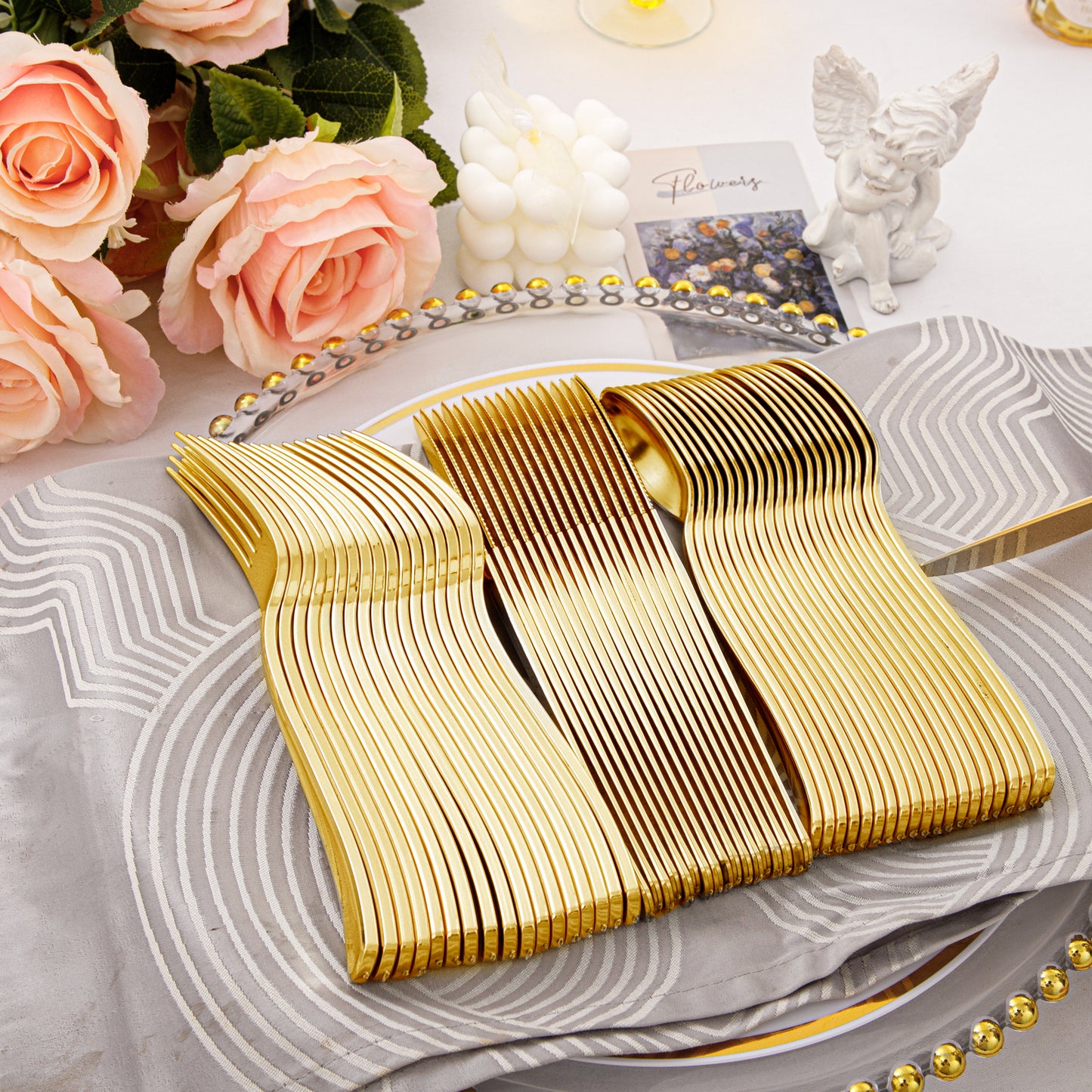 360pcs Gold Plastic Silverware Heavy Duty,Gold Silverware Disposable, Plastic Silverware Sets for Parties with 120 Gold Plastic Forks,120 Disposable Knives and 120 Disposable Spoons