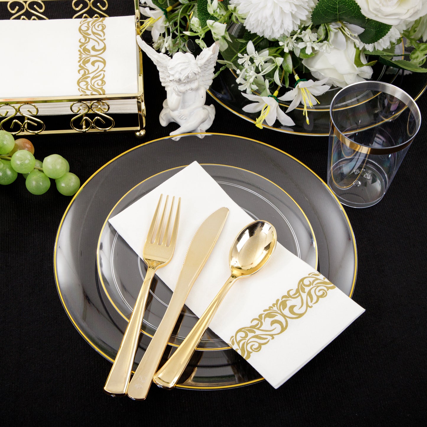 350PCS Clear and Gold Plastic Dinnerware Include Clear and Gold Plastic Plates Gold Plastic Silverware Heavy Duty,Gold Plastic Cups, Gold Napkins for Birthday Parties, Weddings